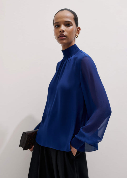 ME and EM Clothing Blue Silk Chic Rib Straight Blouse