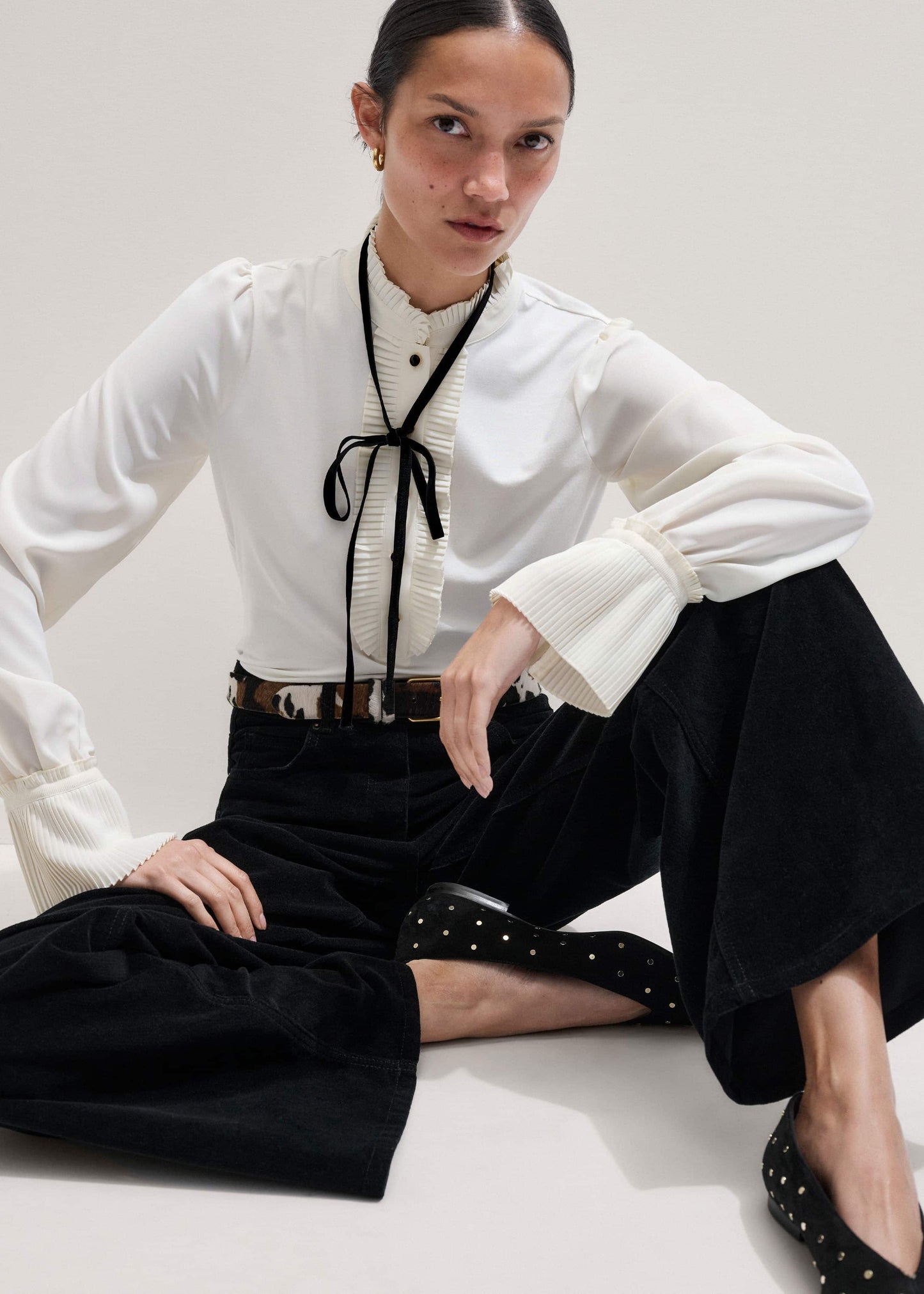 ME and EM Clothing Cream Frill Neck Layering Blouse + Tie