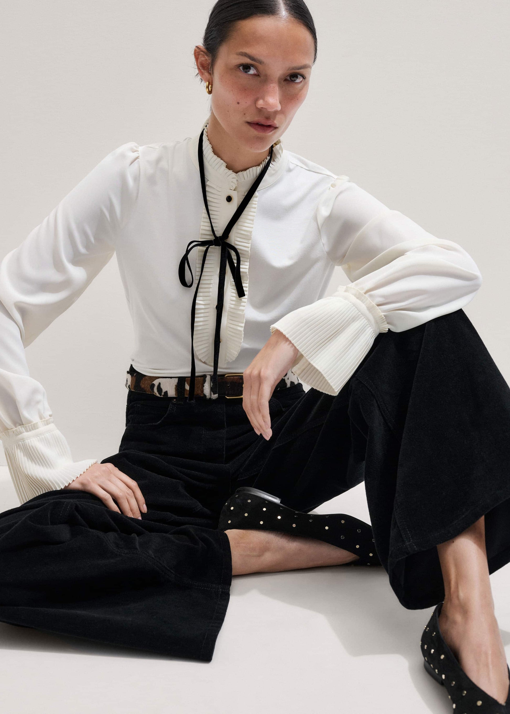 ME and EM Clothing Cream Frill Neck Layering Blouse + Tie