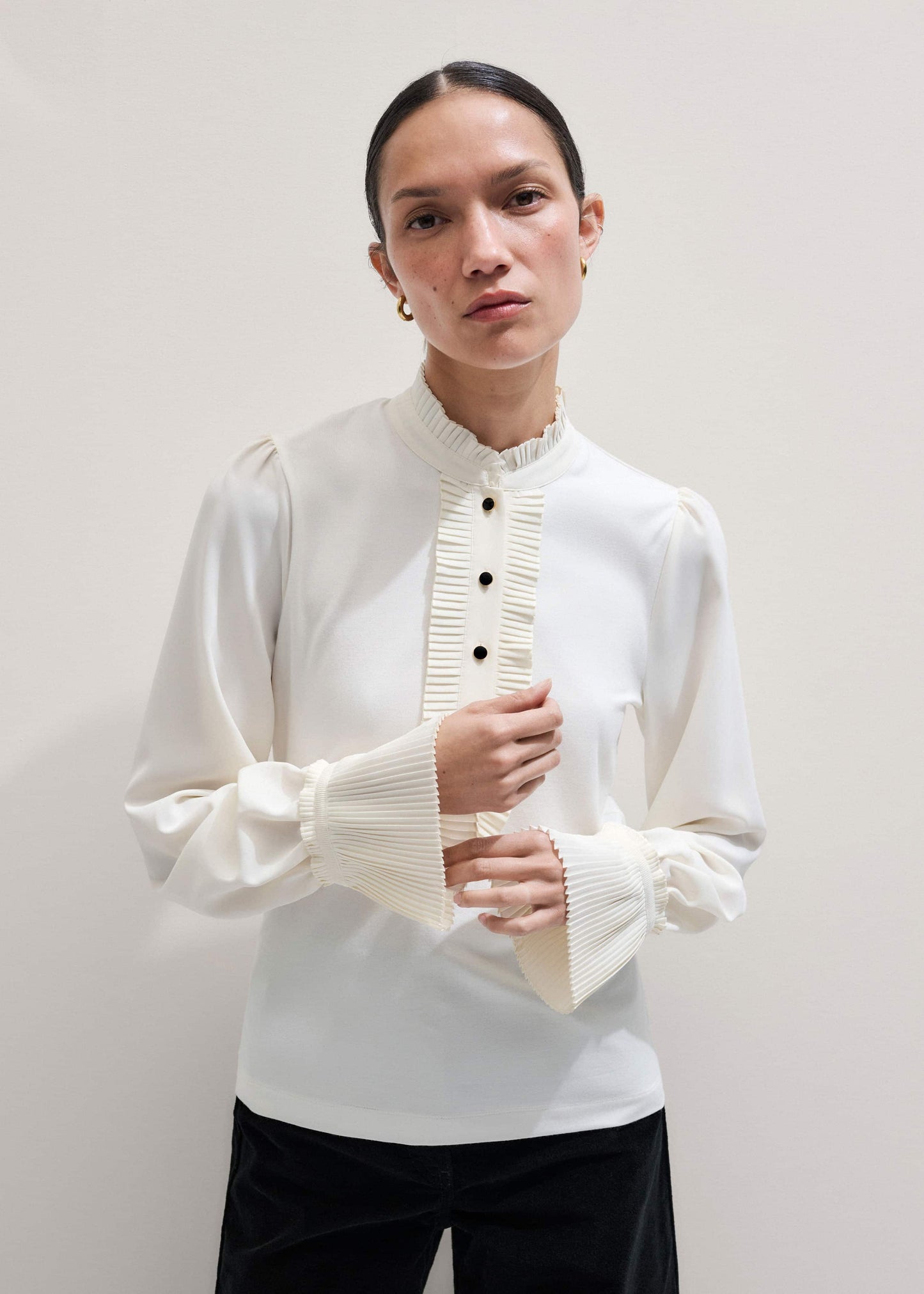 ME and EM Clothing Cream Frill Neck Layering Blouse + Tie