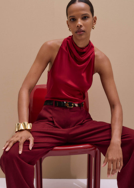 ME and EM Clothing Red Silk Satin Halterneck Sleeveless Top