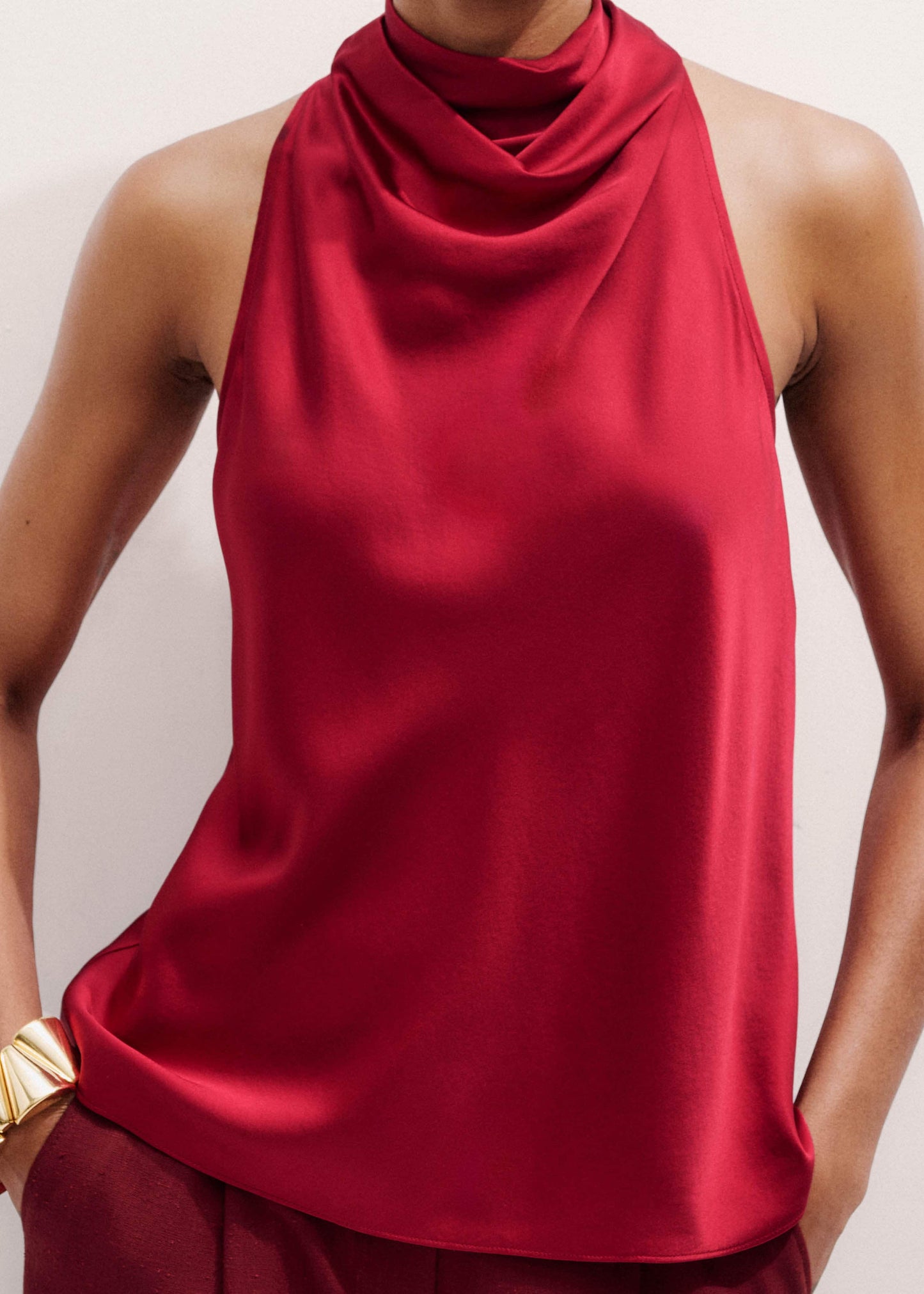 ME and EM Clothing Red Silk Satin Halterneck Sleeveless Top