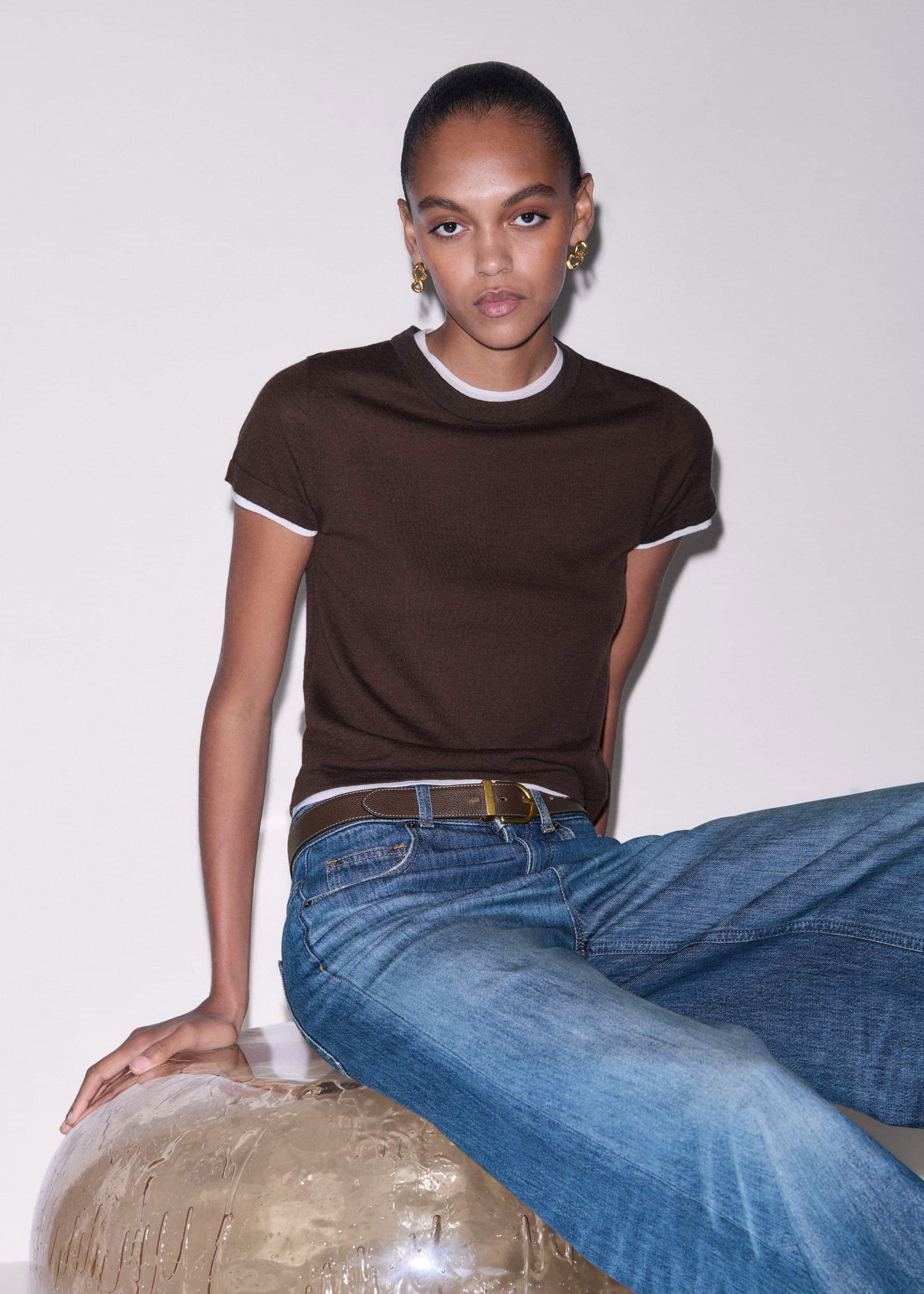 ME and EM Clothing Brown Barely There Contrast Trim Knit Baby Tee