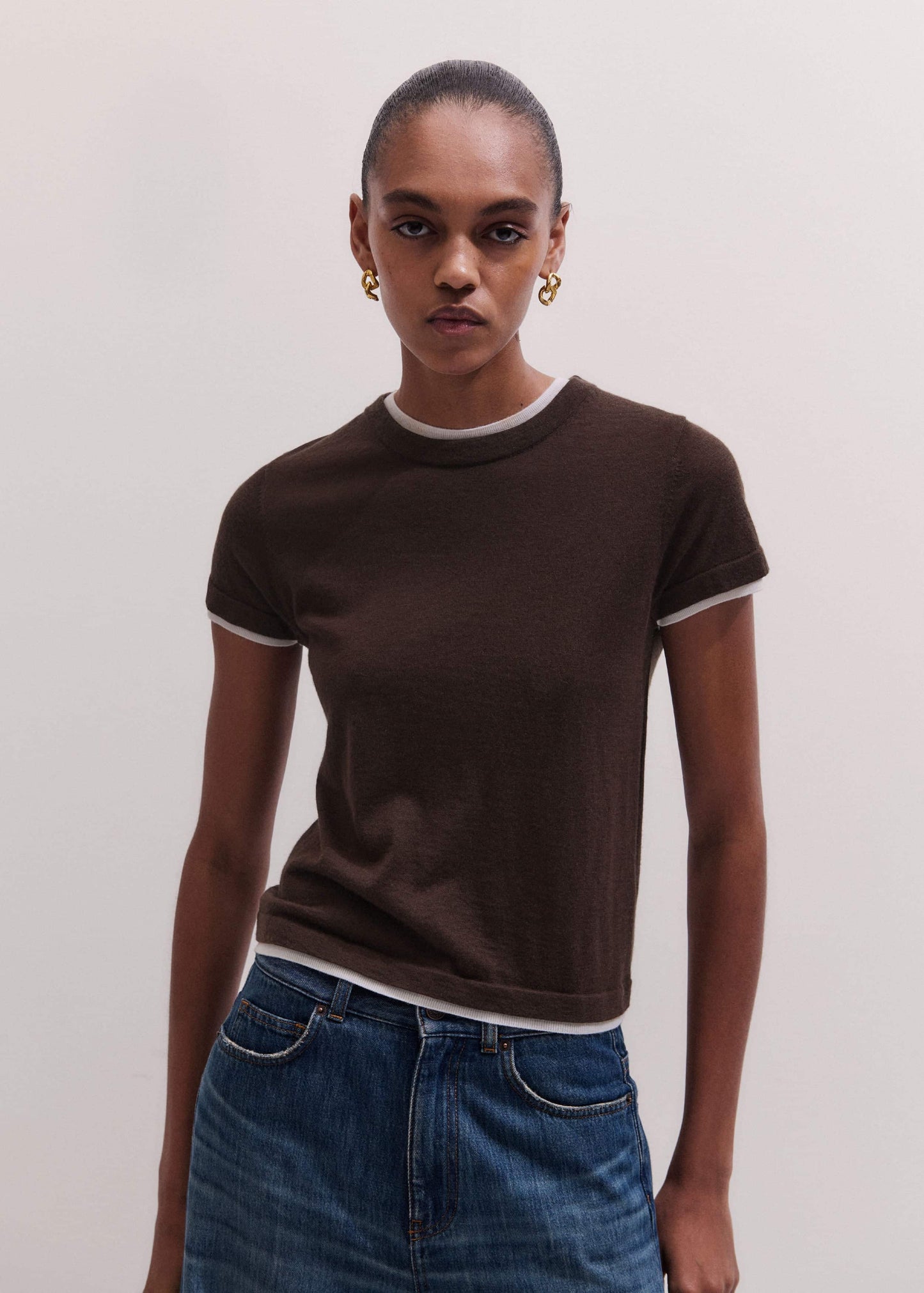 ME and EM Clothing Brown Barely There Contrast Trim Knit Baby Tee