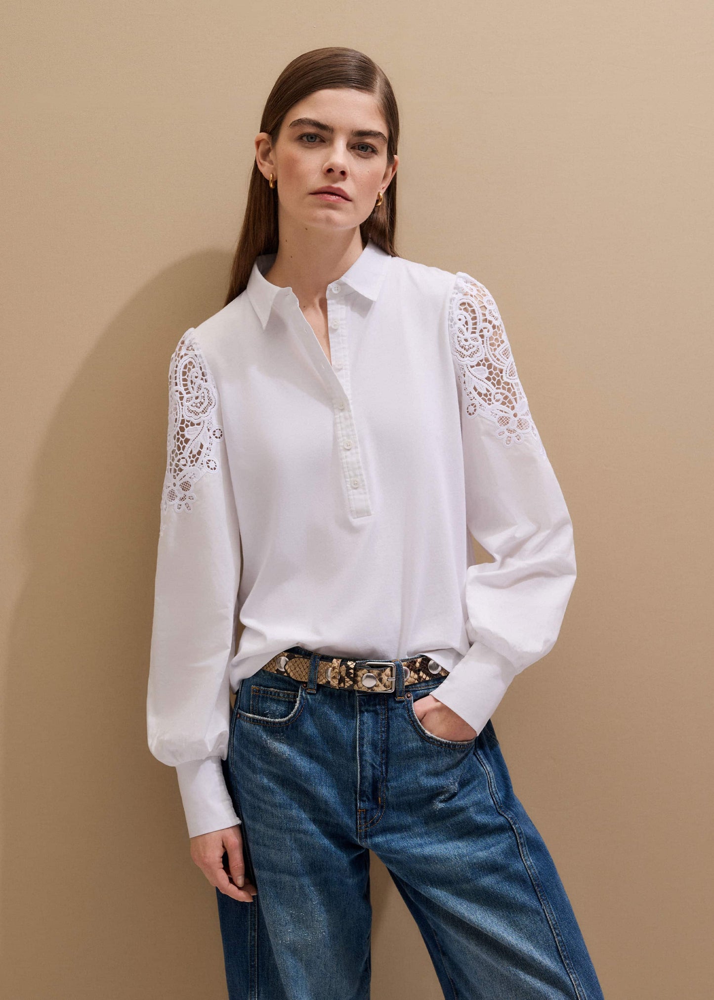 ME and EM Clothing White Lace Sleeve Swing Top