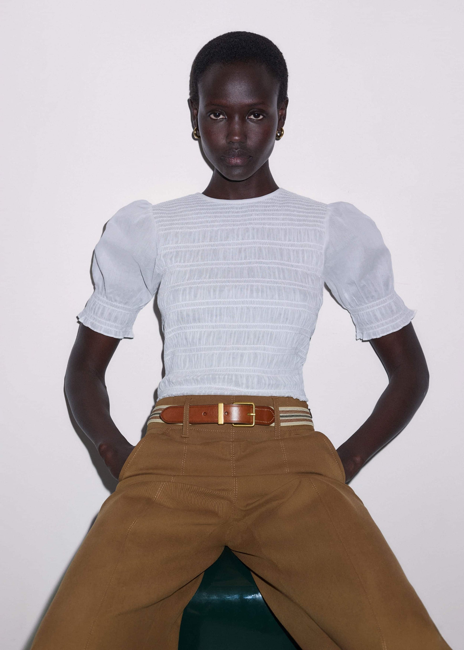 ME and EM Clothing White Soft Cotton Contrast Stitch Smocked Day Top