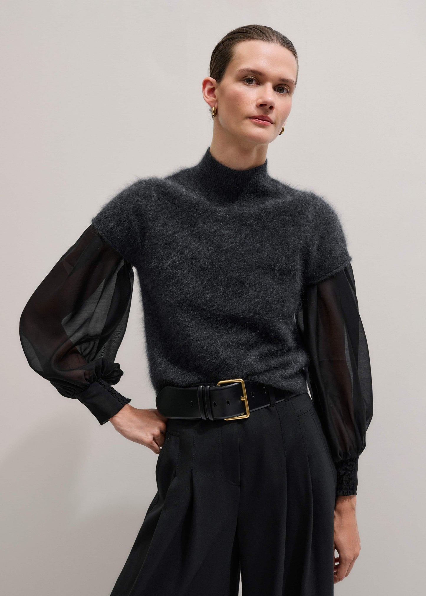 ME and EM Clothing Black Balloon Sleeve Slim Layering Top