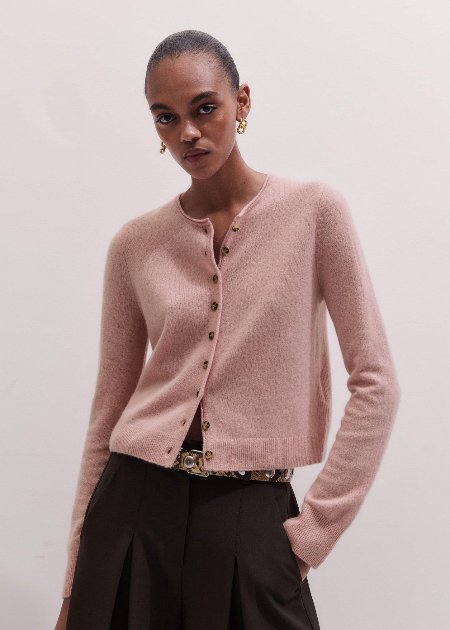 ME and EM Clothing Pink Cashmere Roll Trim Straight Cardigan
