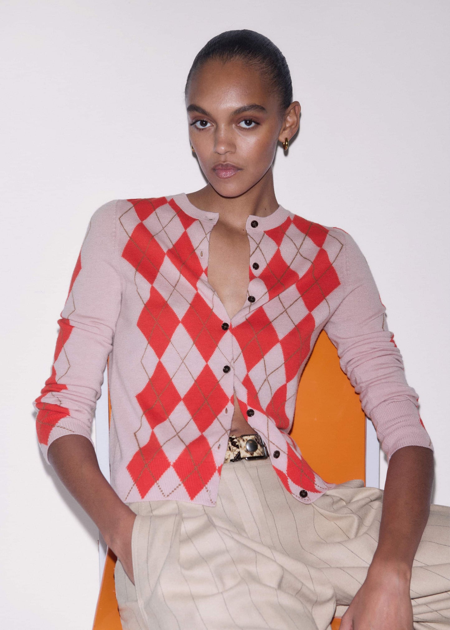ME and EM Clothing Pink Fine Argyle Slim Knit Cardigan