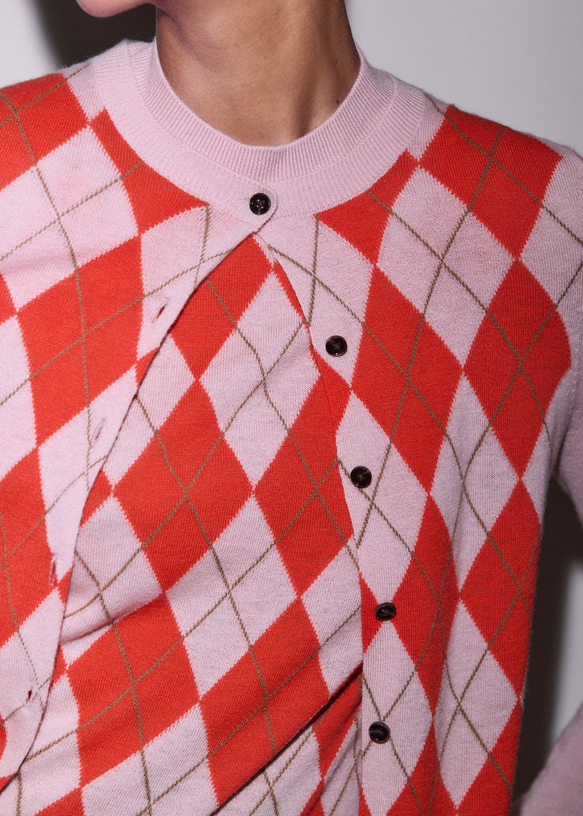 ME and EM Clothing Pink Fine Argyle Slim Knit Cardigan