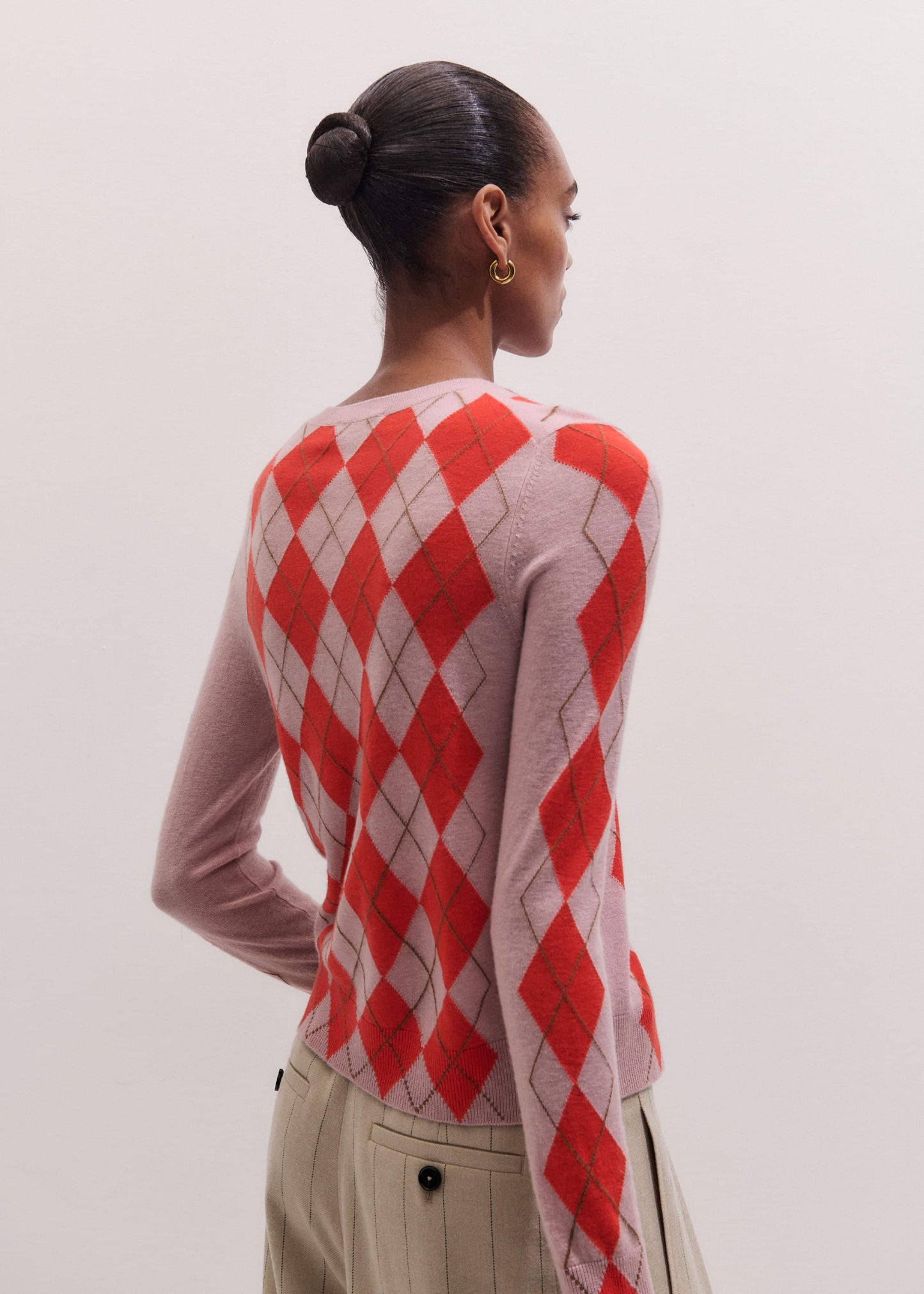 ME and EM Clothing Pink Fine Argyle Slim Knit Cardigan
