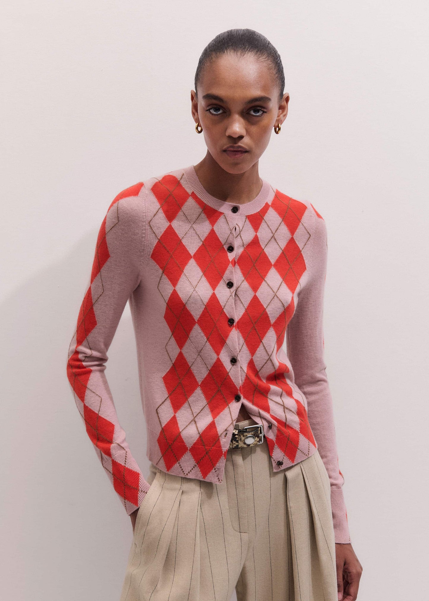 ME and EM Clothing Pink Fine Argyle Slim Knit Cardigan