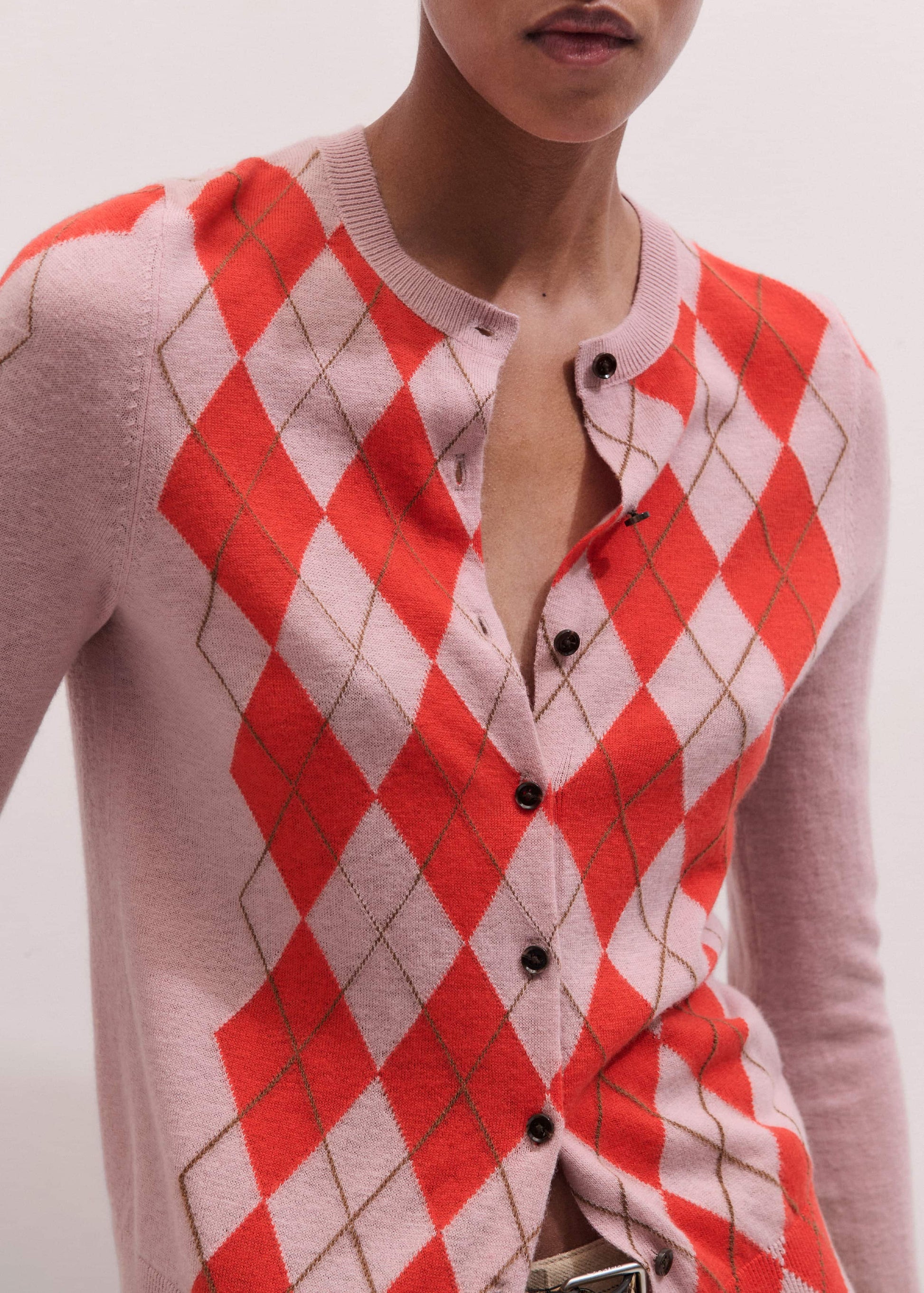 ME and EM Clothing Pink Fine Argyle Slim Knit Cardigan