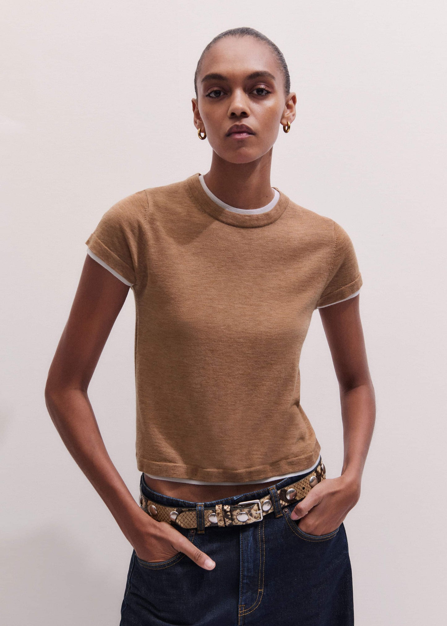 ME and EM Clothing Light Brown Barely There Contrast Trim Knit Baby Tee