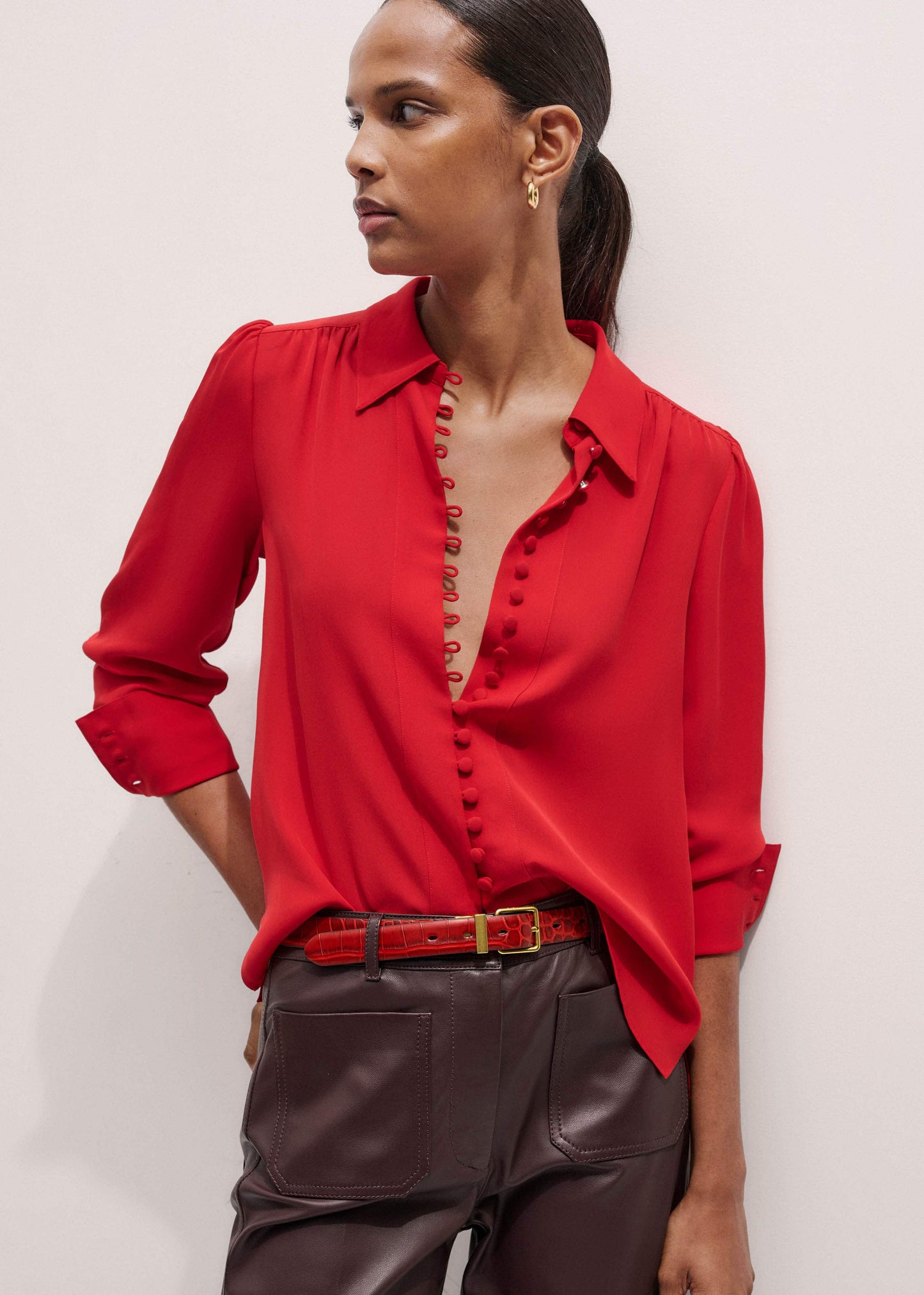 ME and EM Clothing Red Silk Button Layering Shirt + Tie