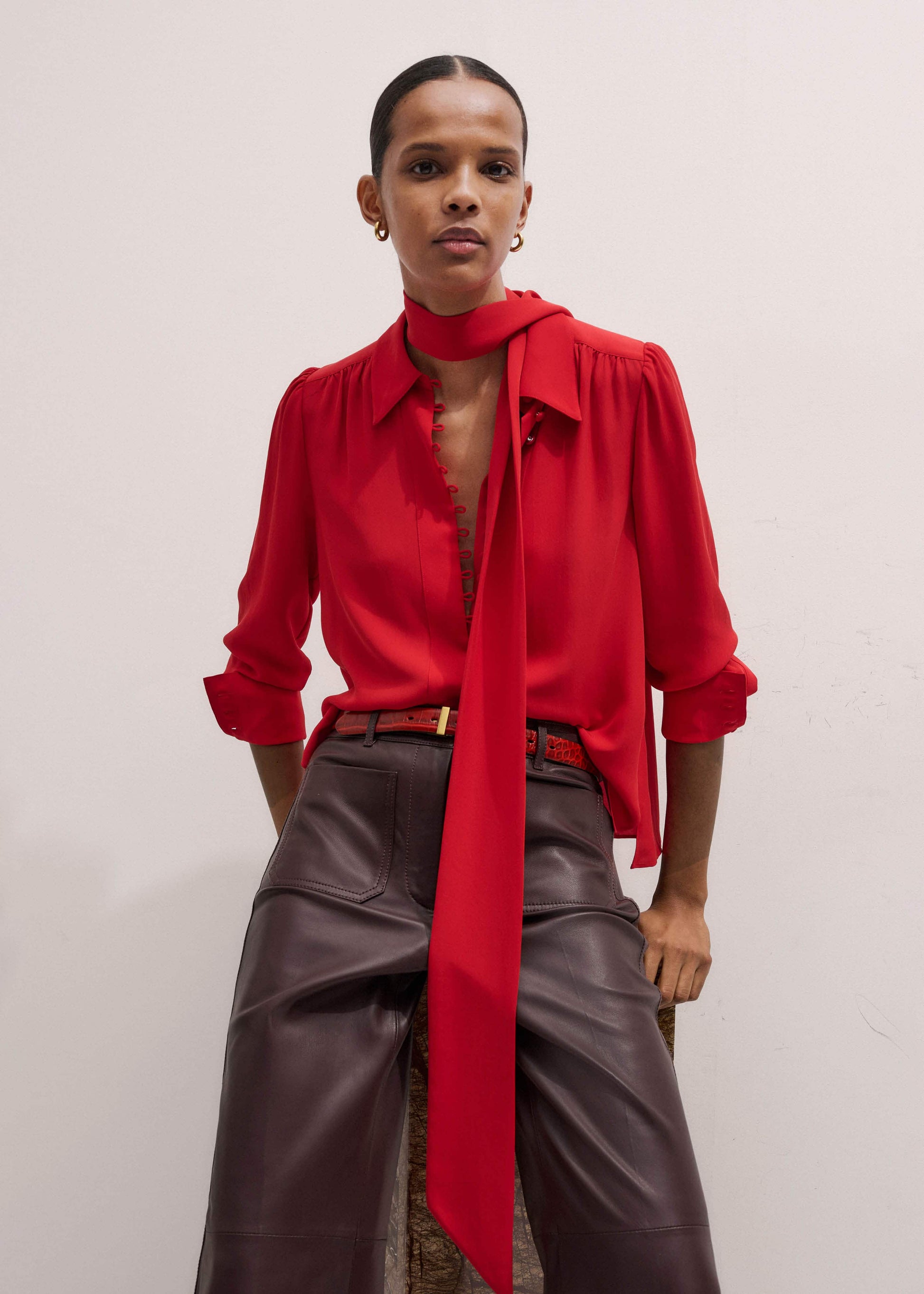 ME and EM Clothing Red Silk Button Layering Shirt + Tie