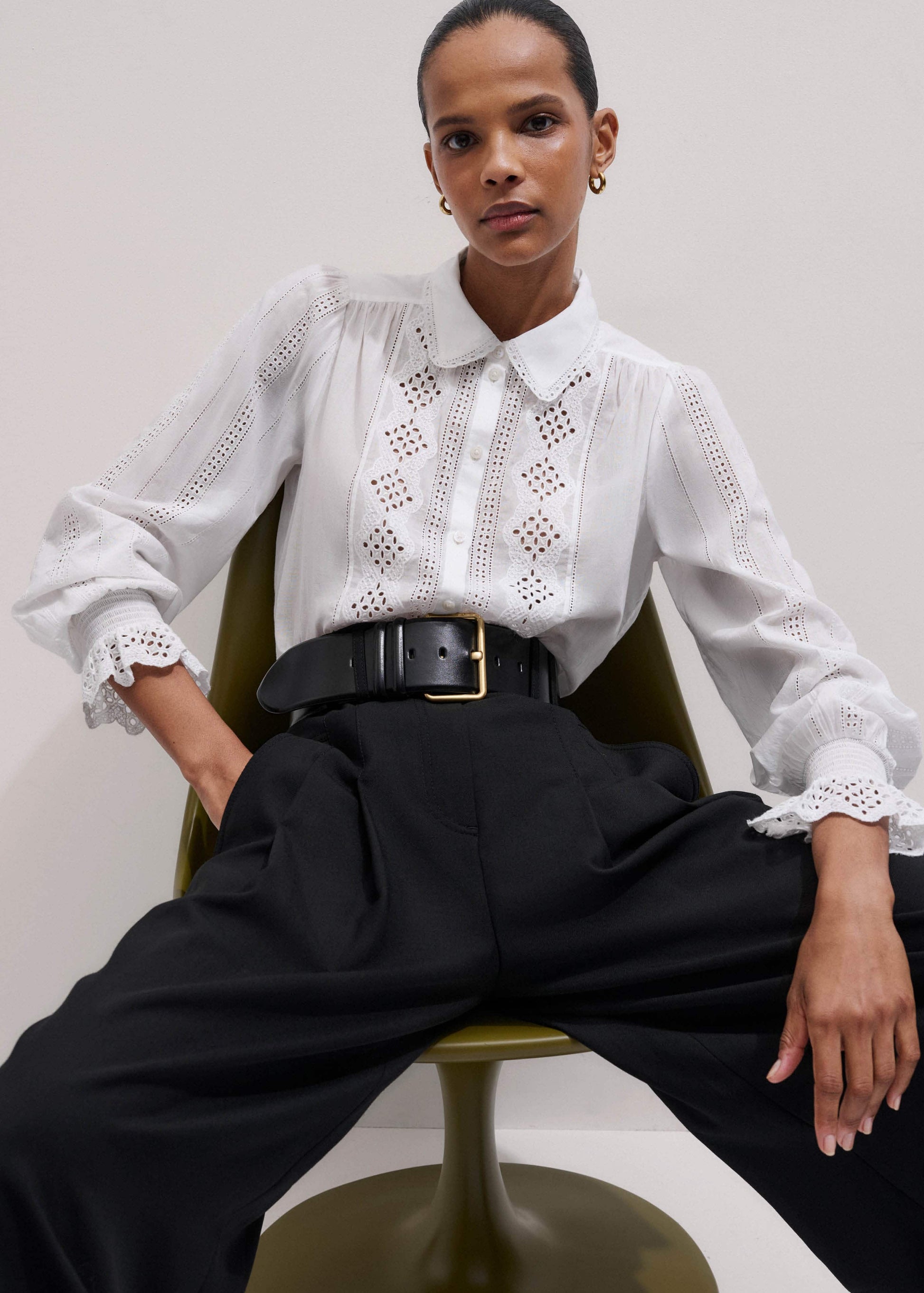 ME and EM Clothing White Cotton Broderie Detail Straight Shirt