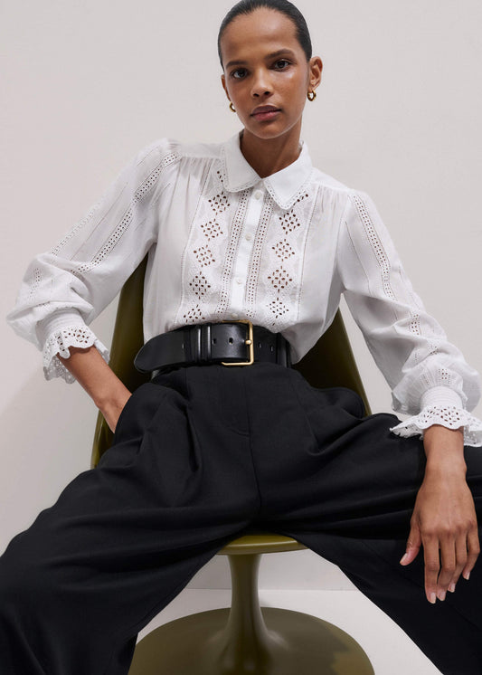 ME and EM Clothing White Cotton Broderie Detail Straight Shirt