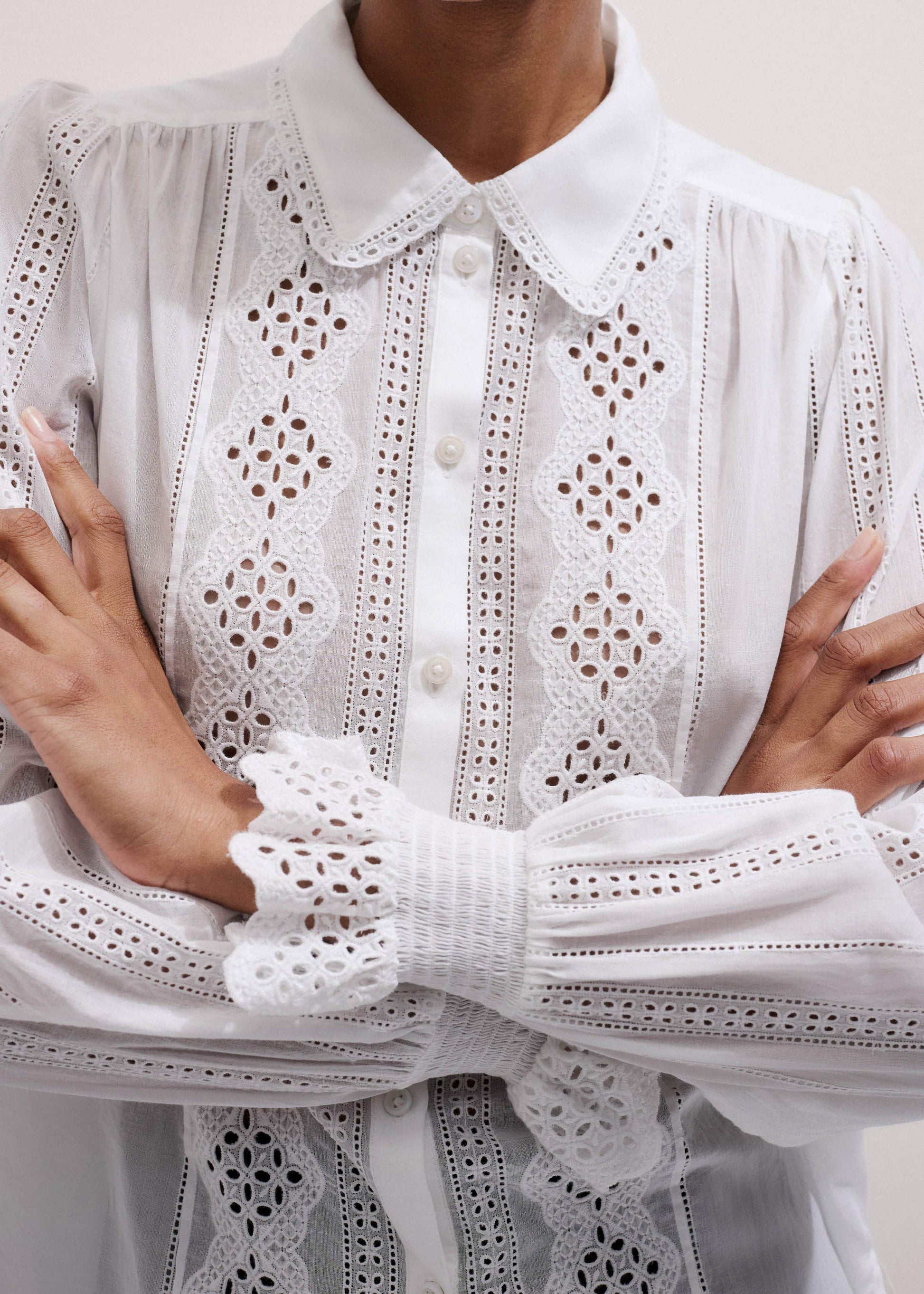 ME and EM Clothing White Cotton Broderie Detail Straight Shirt