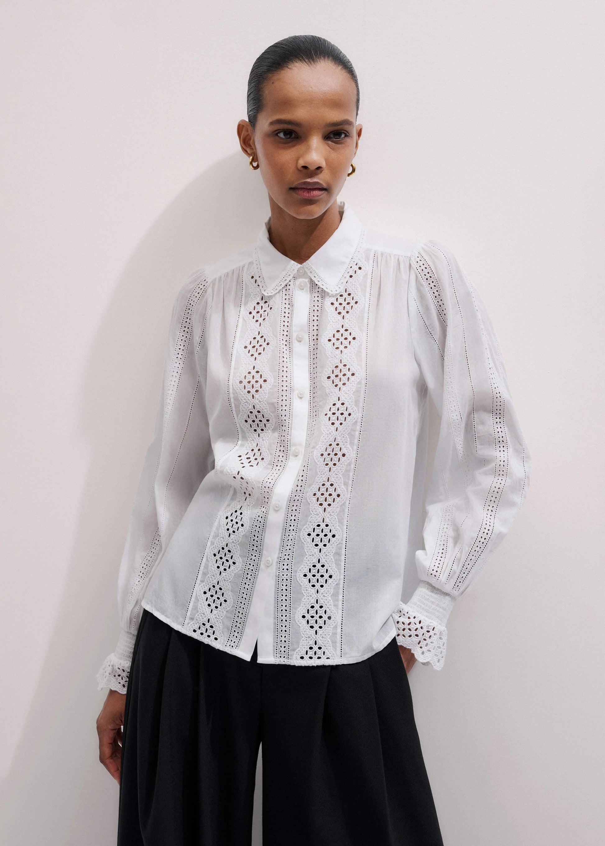 ME and EM Clothing White Cotton Broderie Detail Straight Shirt