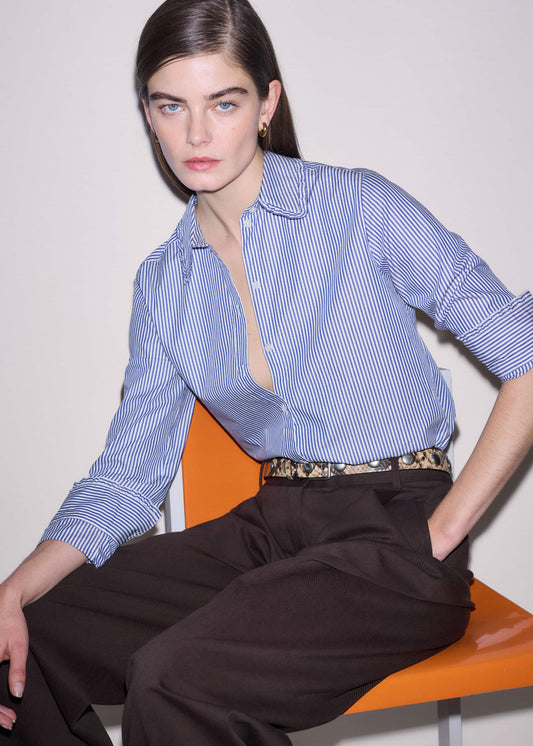 ME and EM Clothing Navy Stripe Frill Collar Forever Shirt
