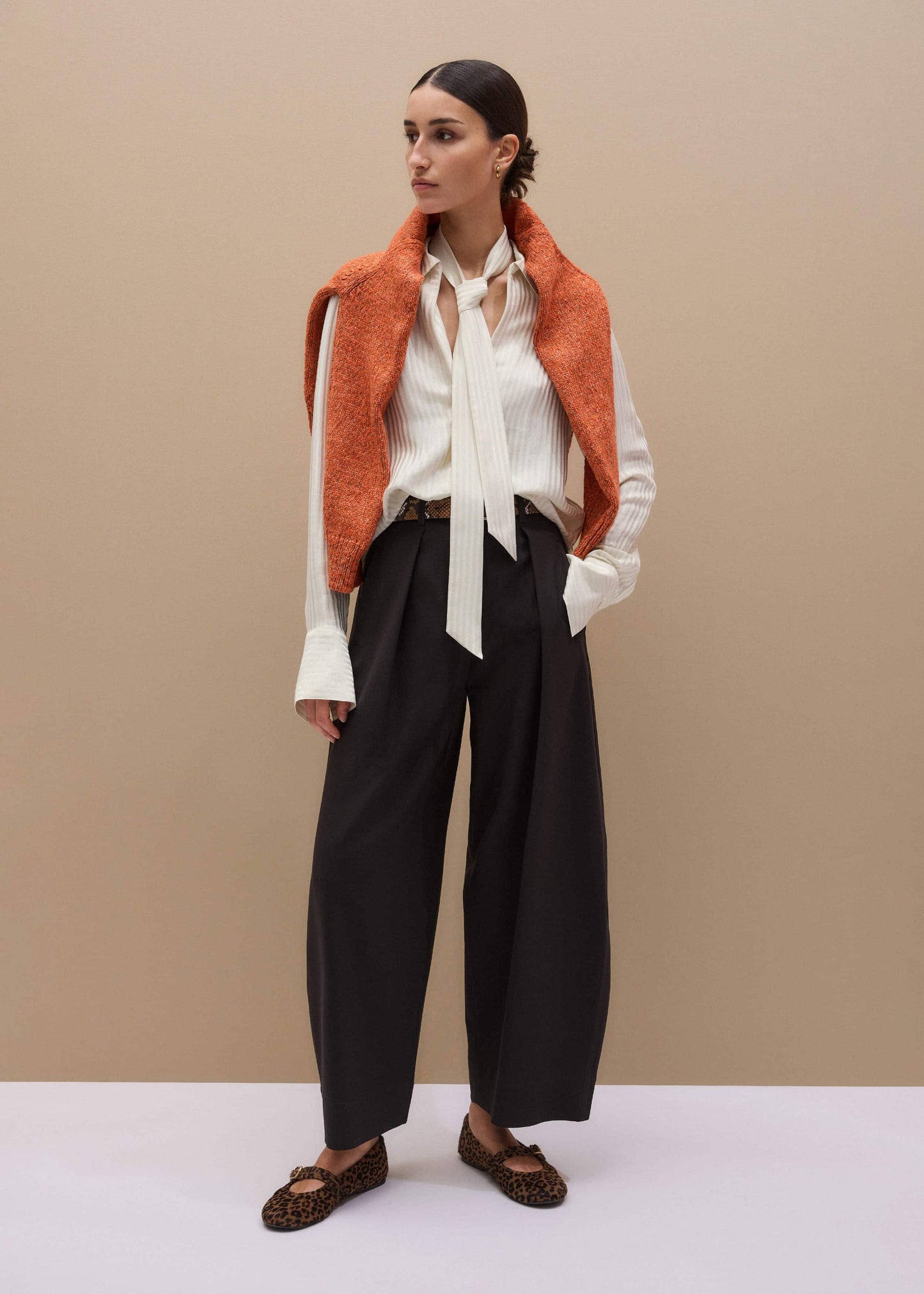 ME and EM Clothing Cream AM-PM Stripe Fluid Satin Shirt + Tie