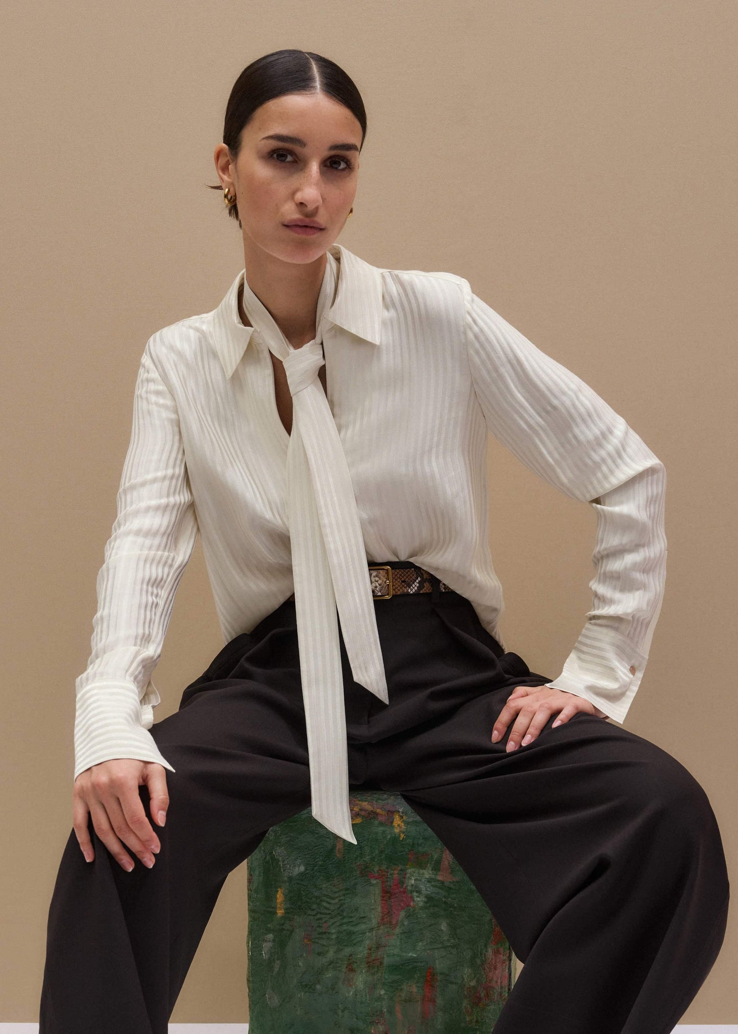 ME and EM Clothing Cream AM-PM Stripe Fluid Satin Shirt + Tie