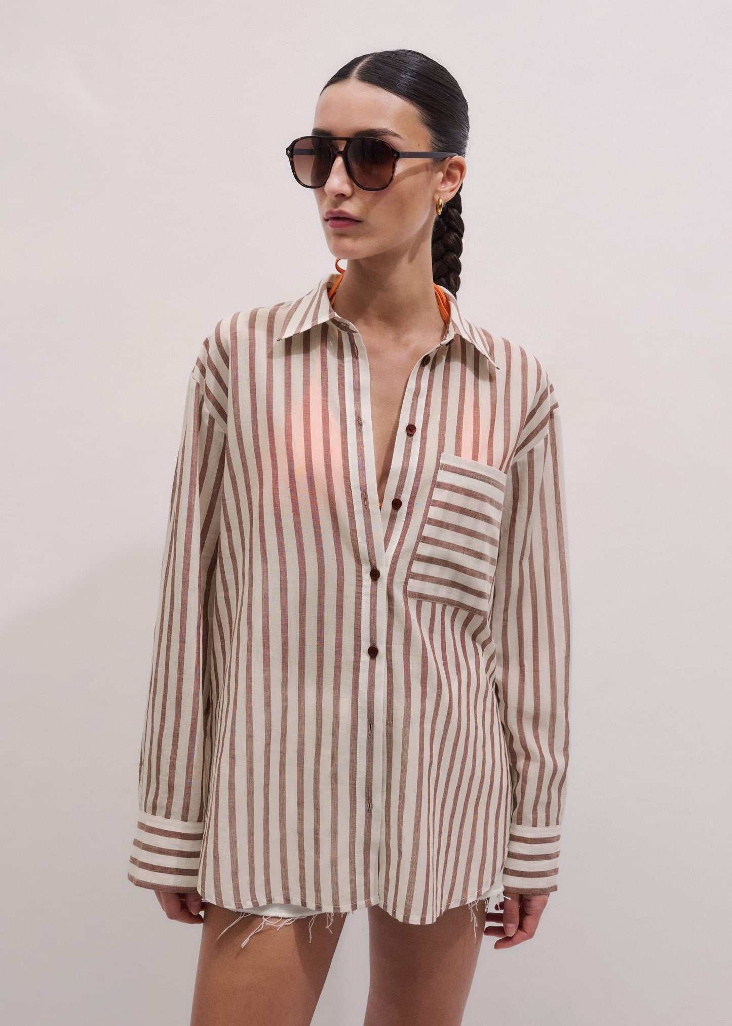 ME and EM Clothing Cinnamon Brown Stripe Boyfriend Shirt