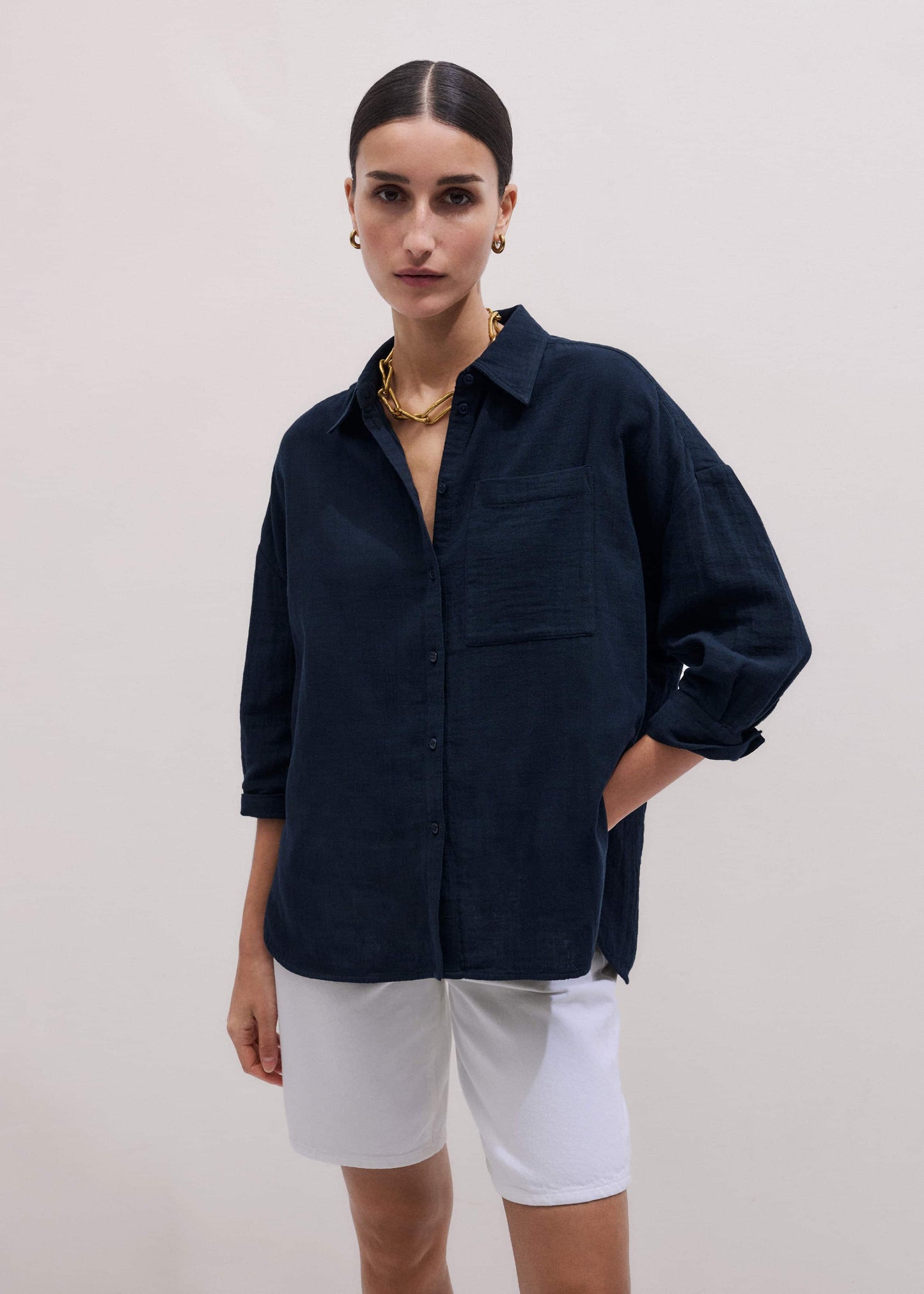 ME and EM Clothing Navy Cheesecloth Relaxed Summer Shirt