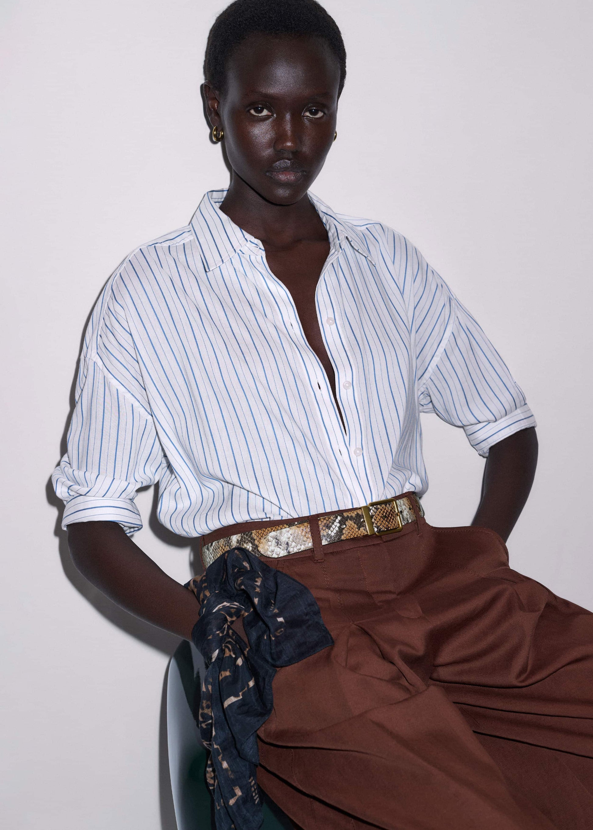 ME and EM Clothing Blue Boxy Striped Crop Sleeve Shirt
