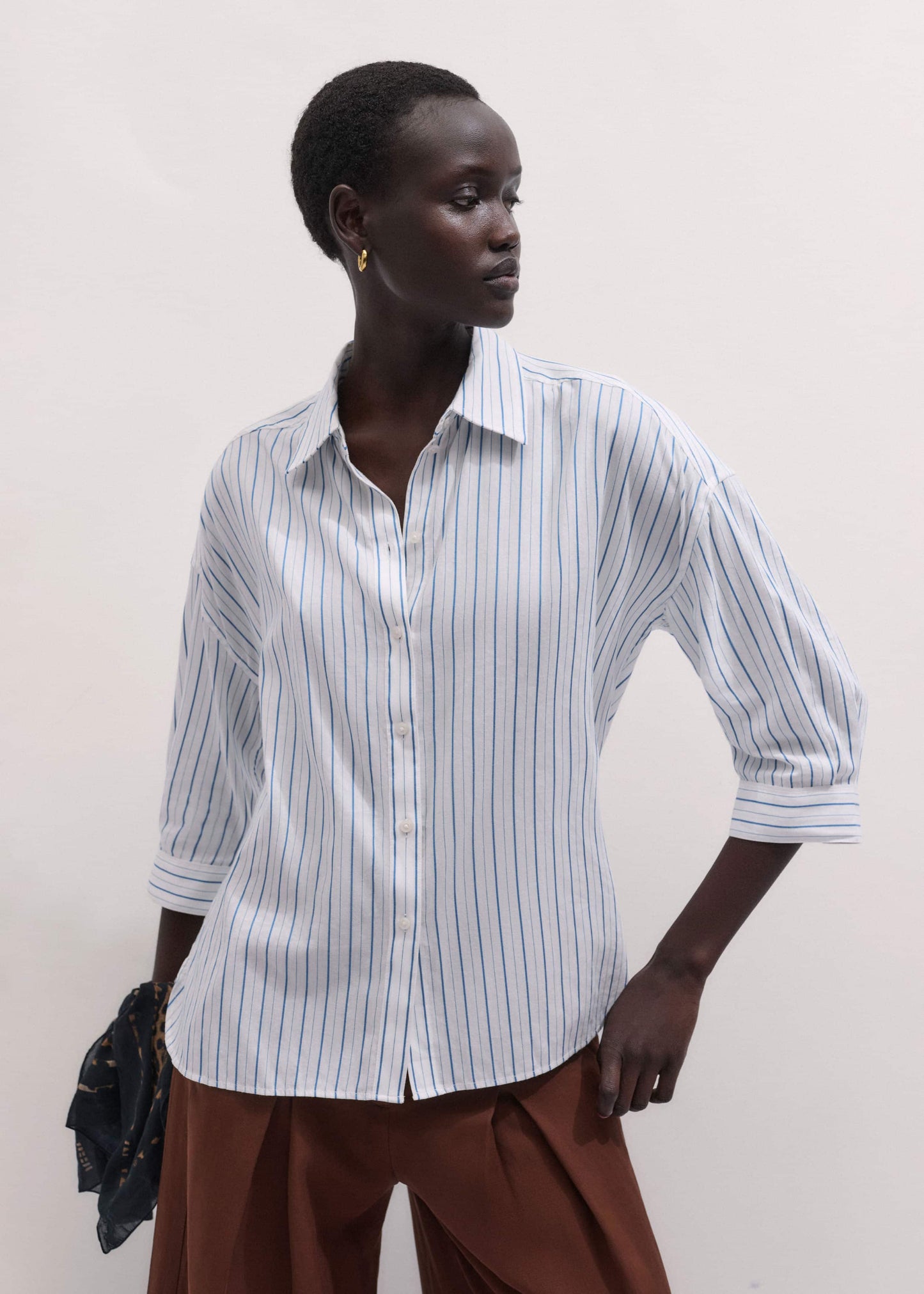 ME and EM Clothing Blue Boxy Striped Crop Sleeve Shirt