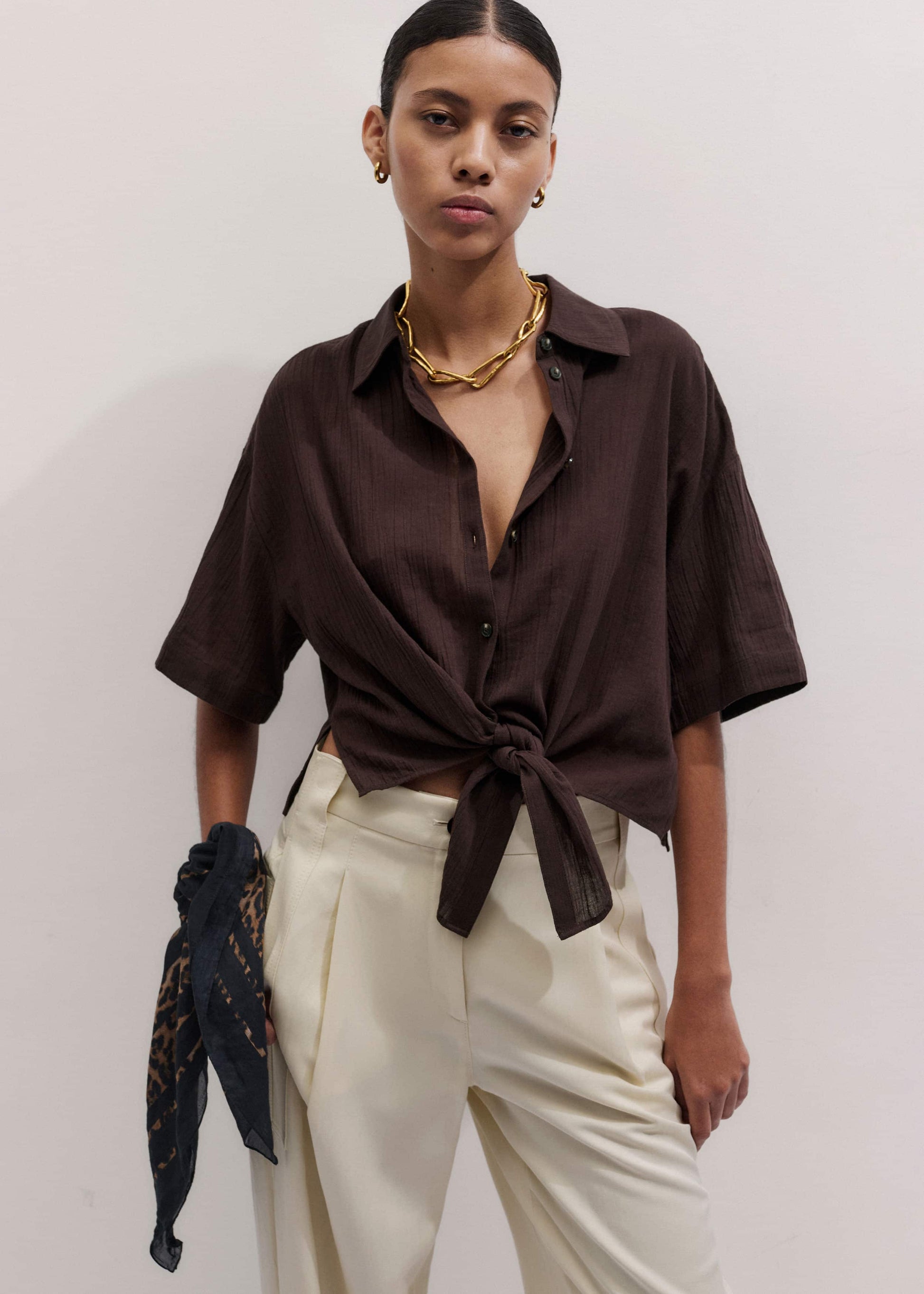 ME and EM Clothing Brown Tie Front Beach Shirt