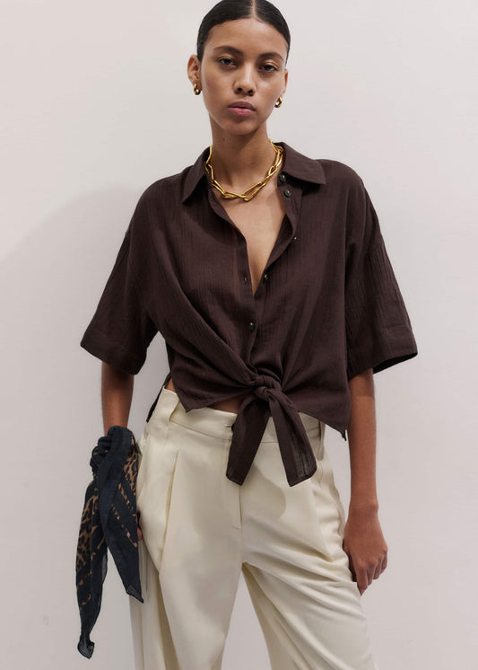 ME and EM Clothing Brown Tie Front Beach Shirt