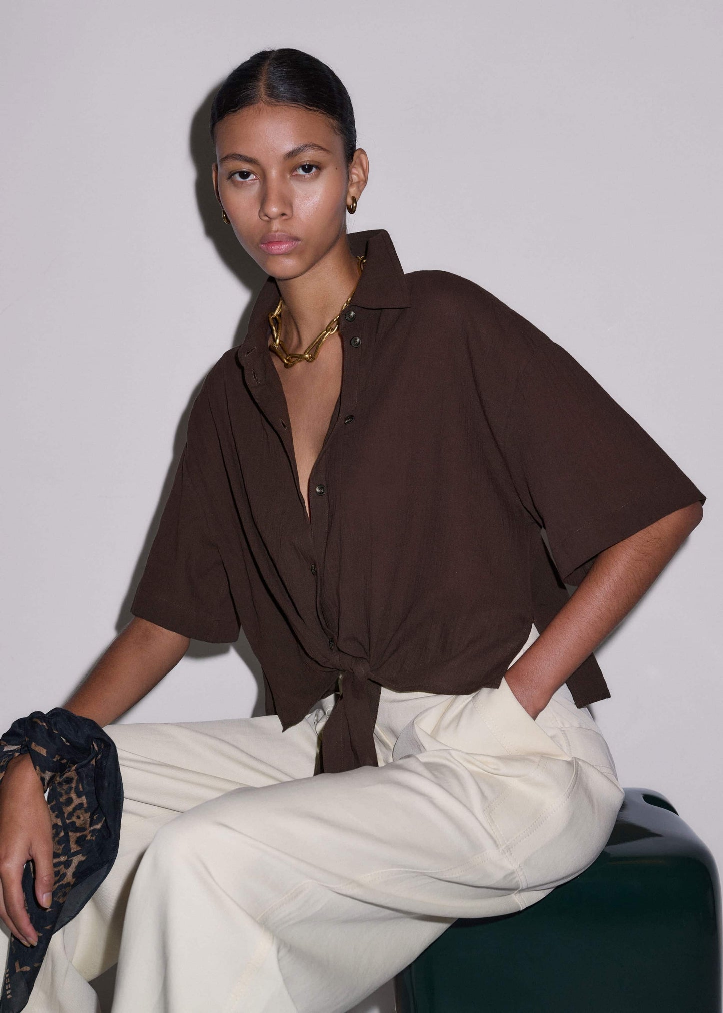 ME and EM Clothing Brown Tie Front Beach Shirt