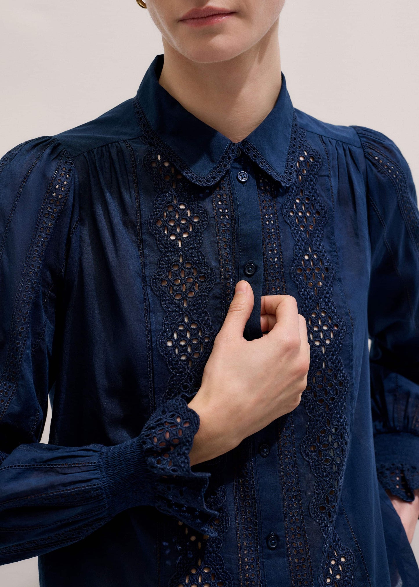 ME and EM Clothing Navy Cotton Voile Broderie Detail Shirt