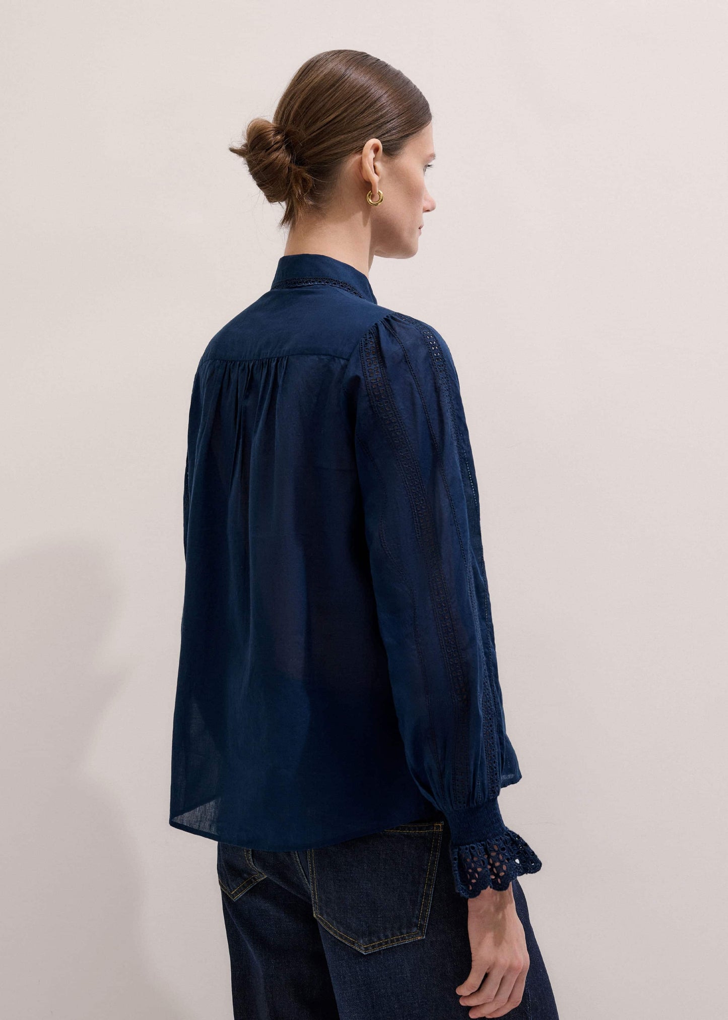 ME and EM Clothing Navy Cotton Voile Broderie Detail Shirt