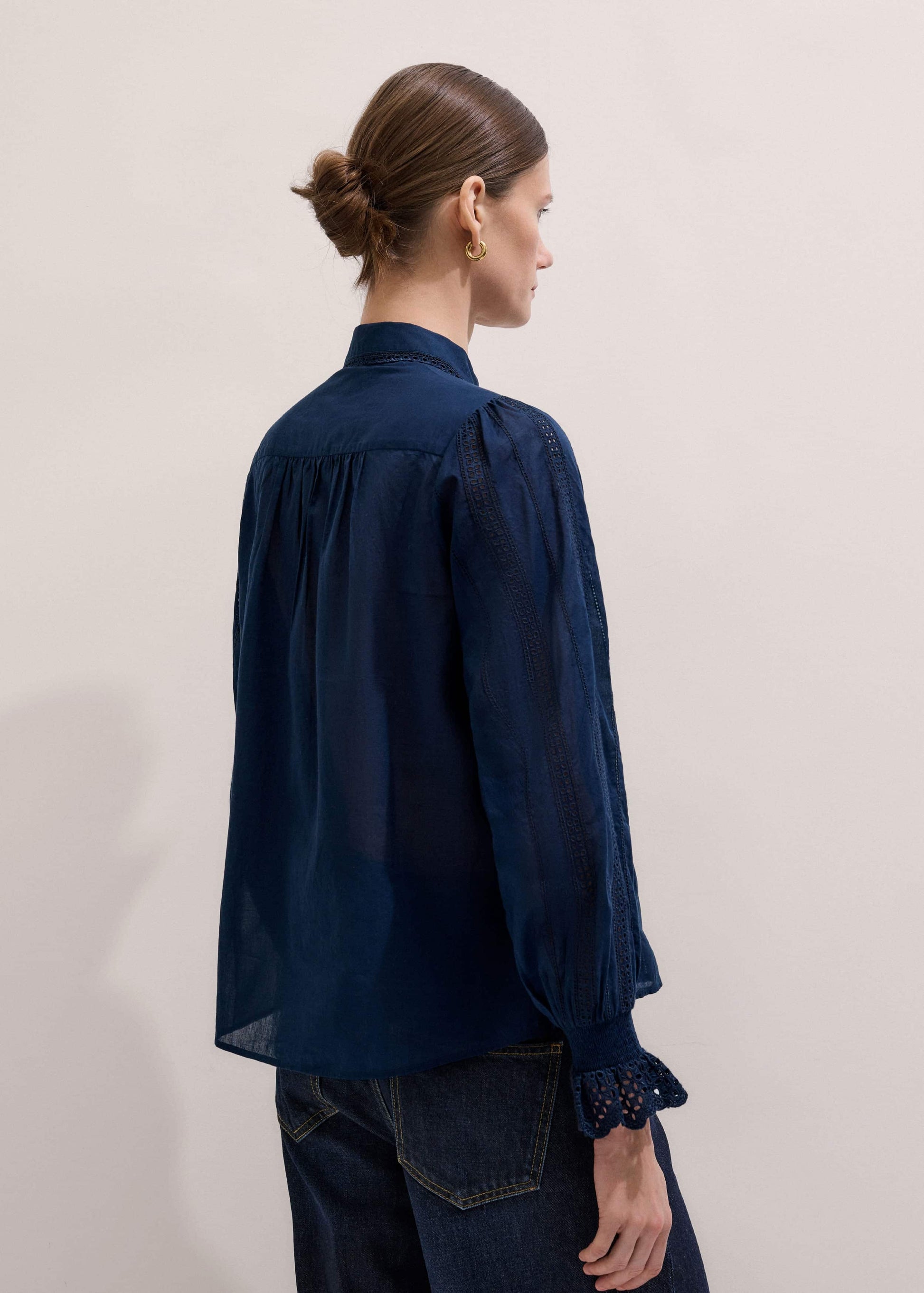 ME and EM Clothing Navy Cotton Voile Broderie Detail Shirt