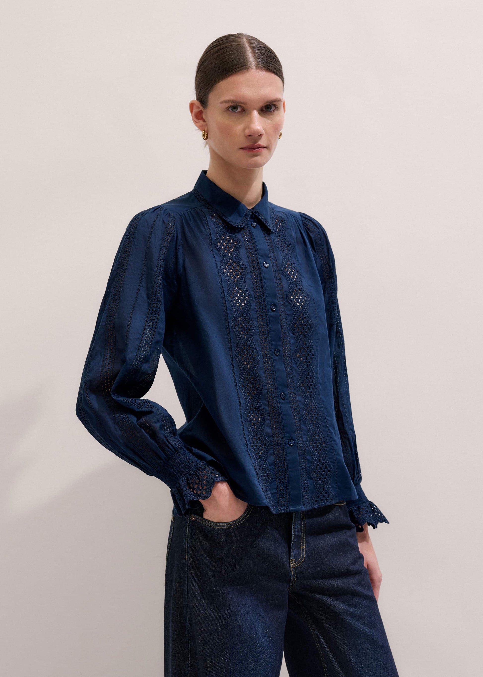 ME and EM Clothing Navy Cotton Voile Broderie Detail Shirt