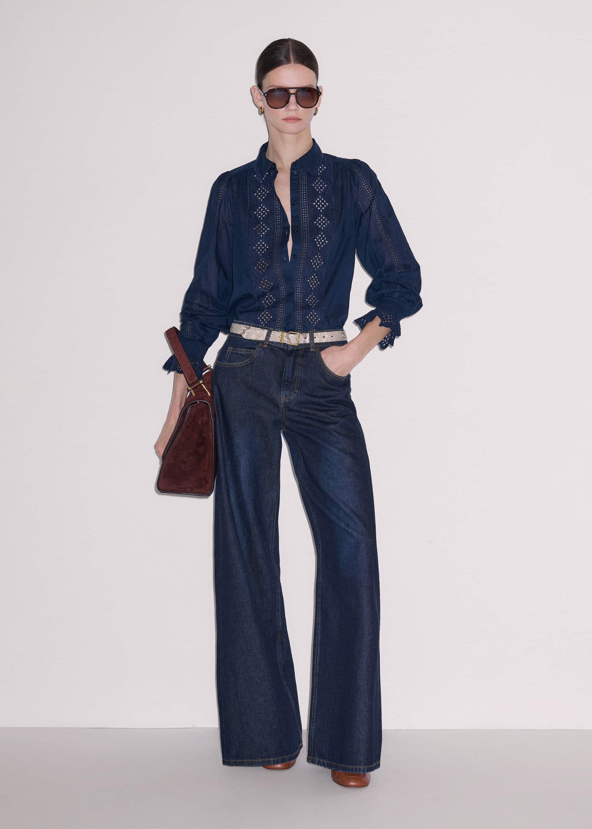 ME and EM Clothing Navy Cotton Voile Broderie Detail Shirt