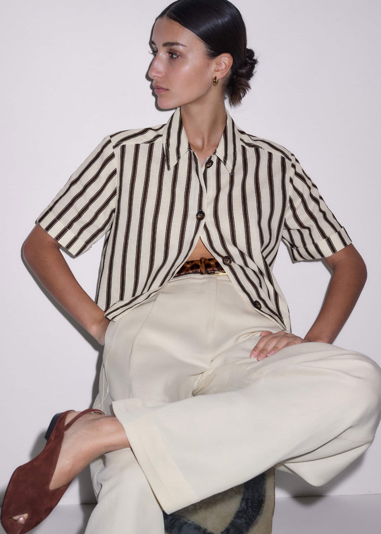 ME and EM Clothing Cream Crease-Less Linen Spring Stripe Boxy Cropped Shirt