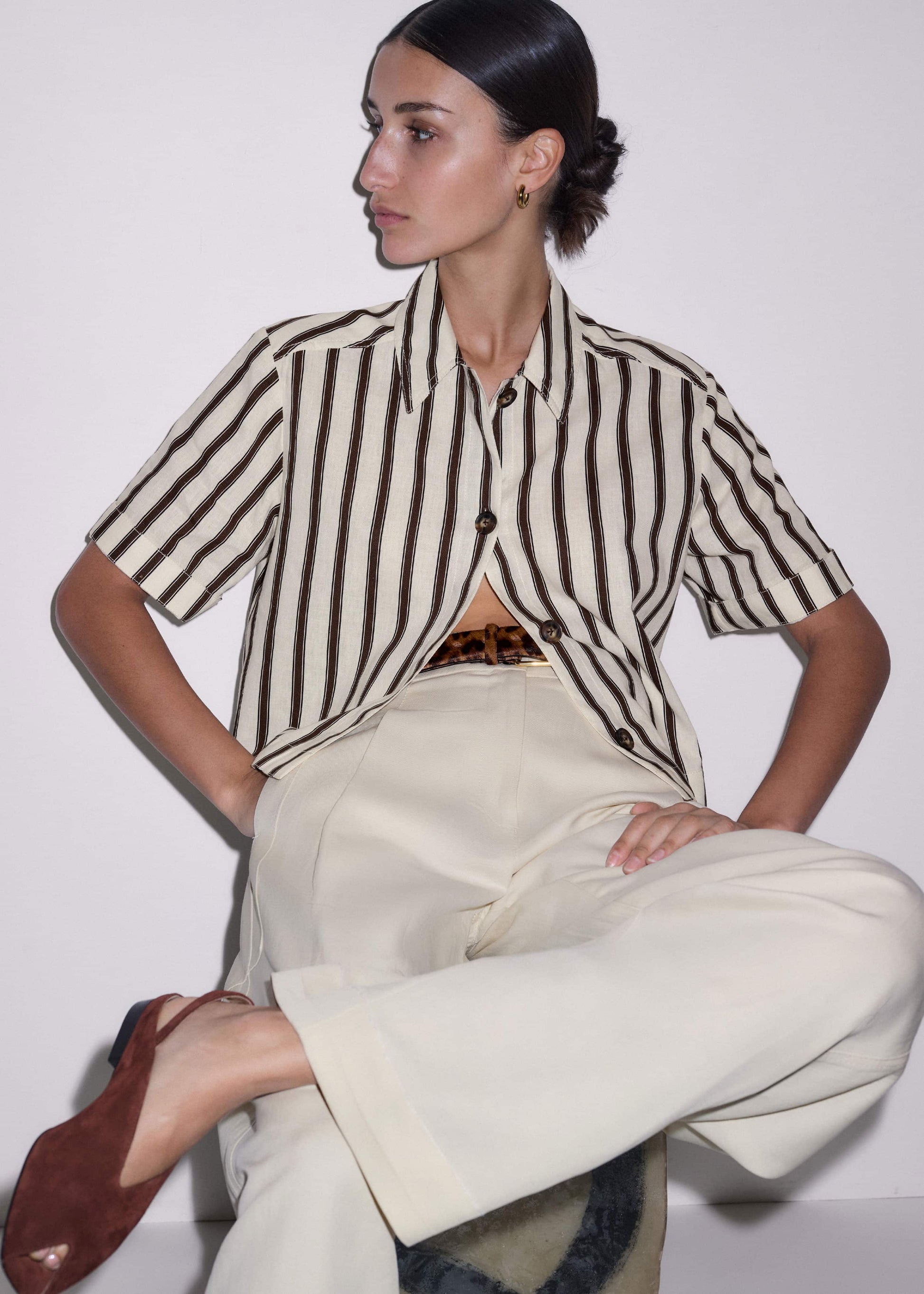 ME and EM Clothing Cream Crease-Less Linen Spring Stripe Boxy Cropped Shirt