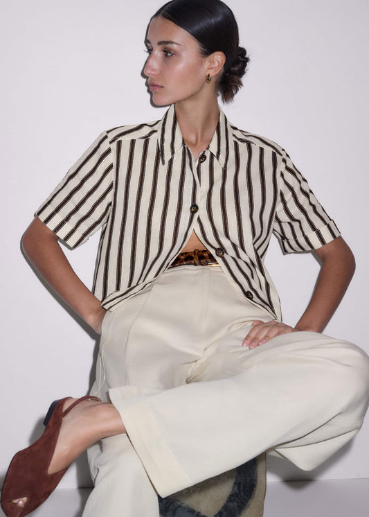 ME and EM Clothing Cream Crease-Less Linen Spring Stripe Boxy Cropped Shirt