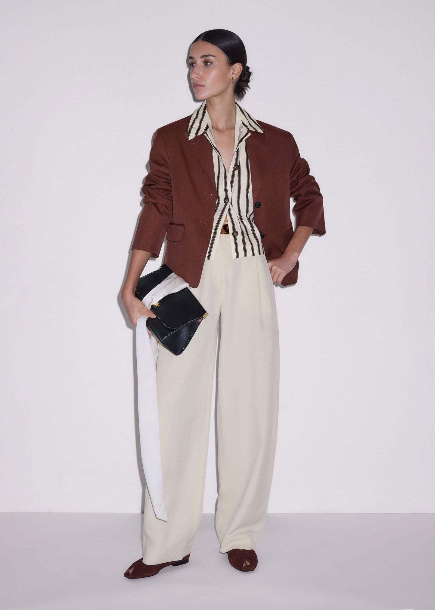 ME and EM Clothing Cream Crease-Less Linen Spring Stripe Boxy Cropped Shirt