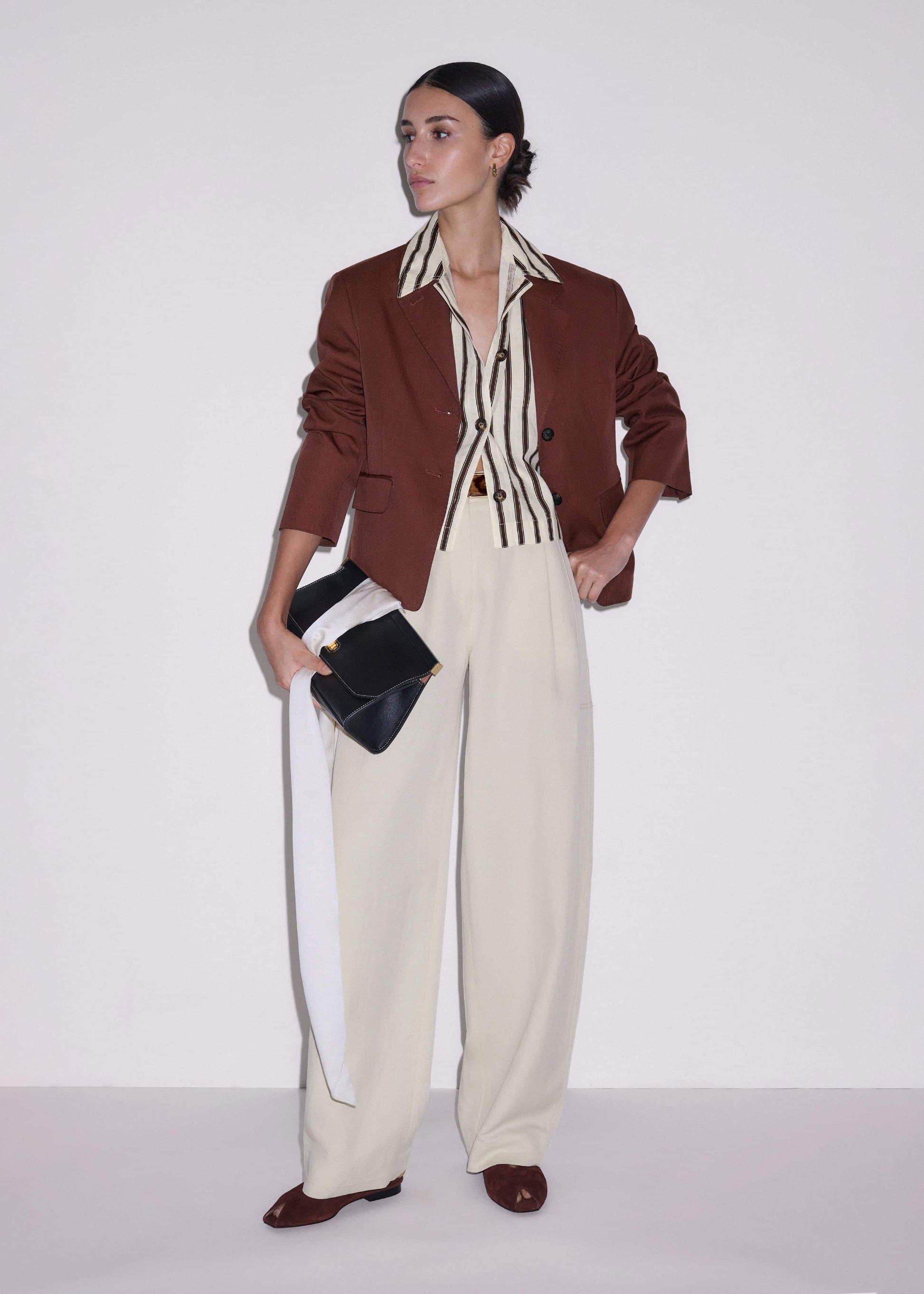 ME and EM Clothing Cream Crease-Less Linen Spring Stripe Boxy Cropped Shirt