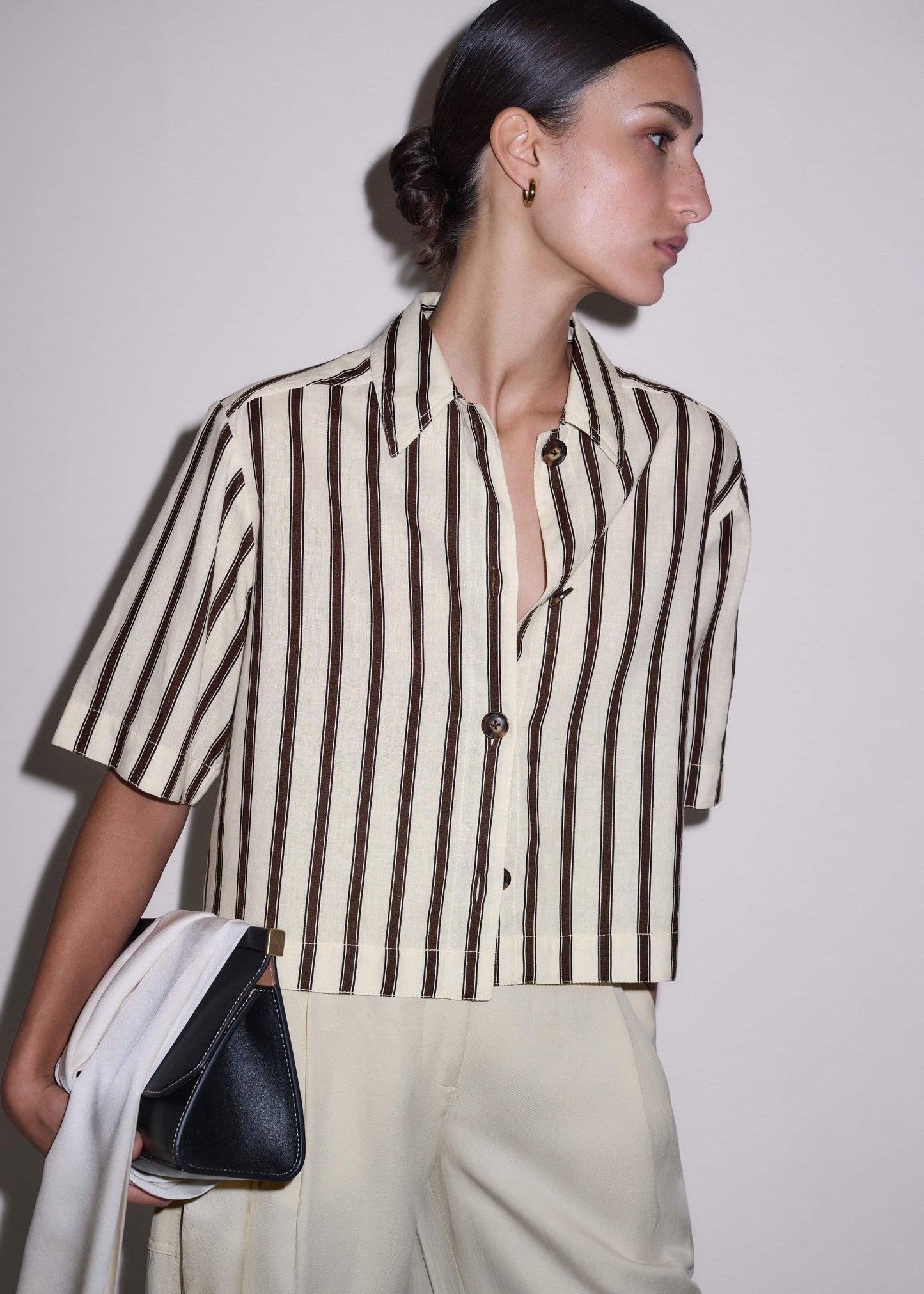 ME and EM Clothing Cream Crease-Less Linen Spring Stripe Boxy Cropped Shirt