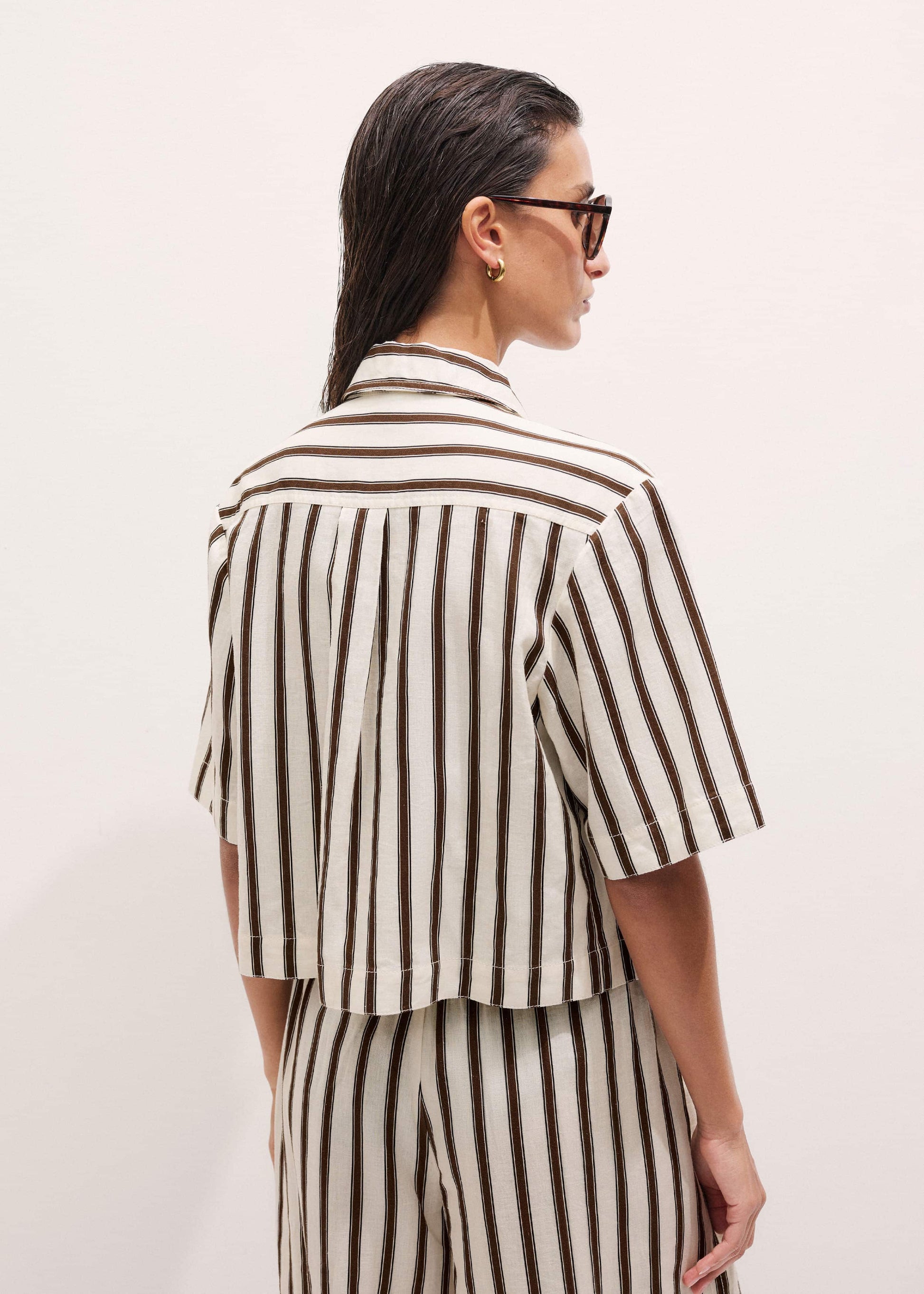 ME and EM Clothing Cream Crease-Less Linen Spring Stripe Boxy Cropped Shirt
