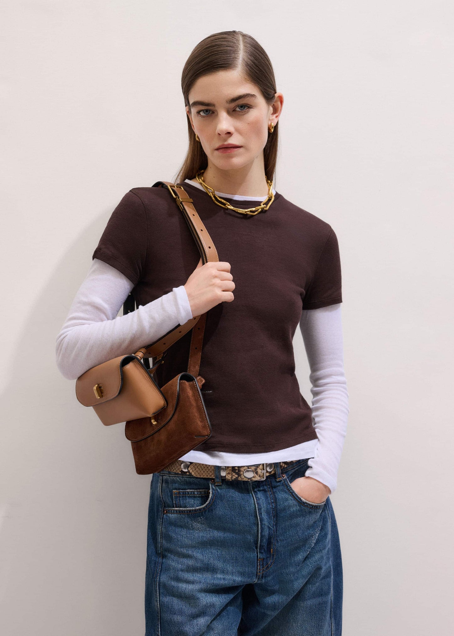 ME and EM Clothing Brown Sheer Double-Layer Look Top