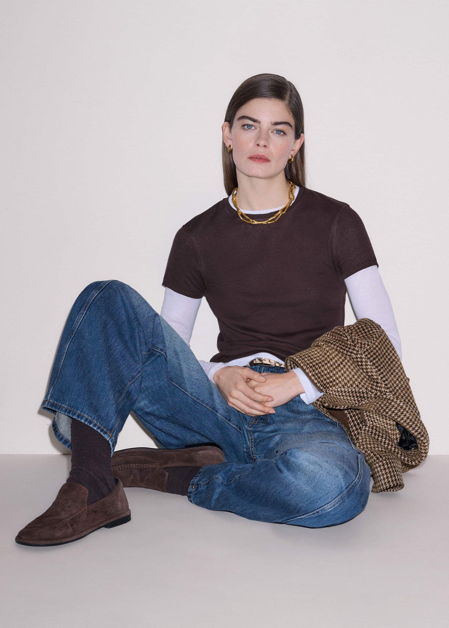 ME and EM Clothing Brown Sheer Double-Layer Look Top