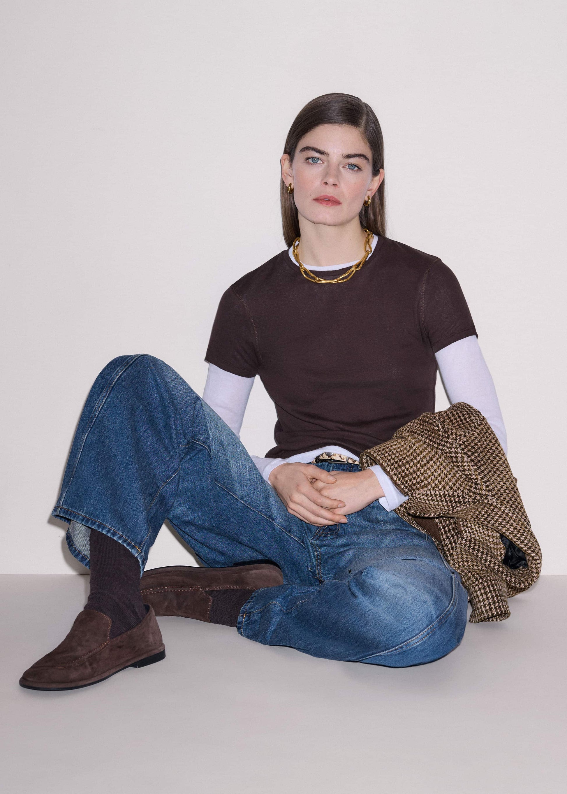 ME and EM Clothing Brown Sheer Double-Layer Look Top
