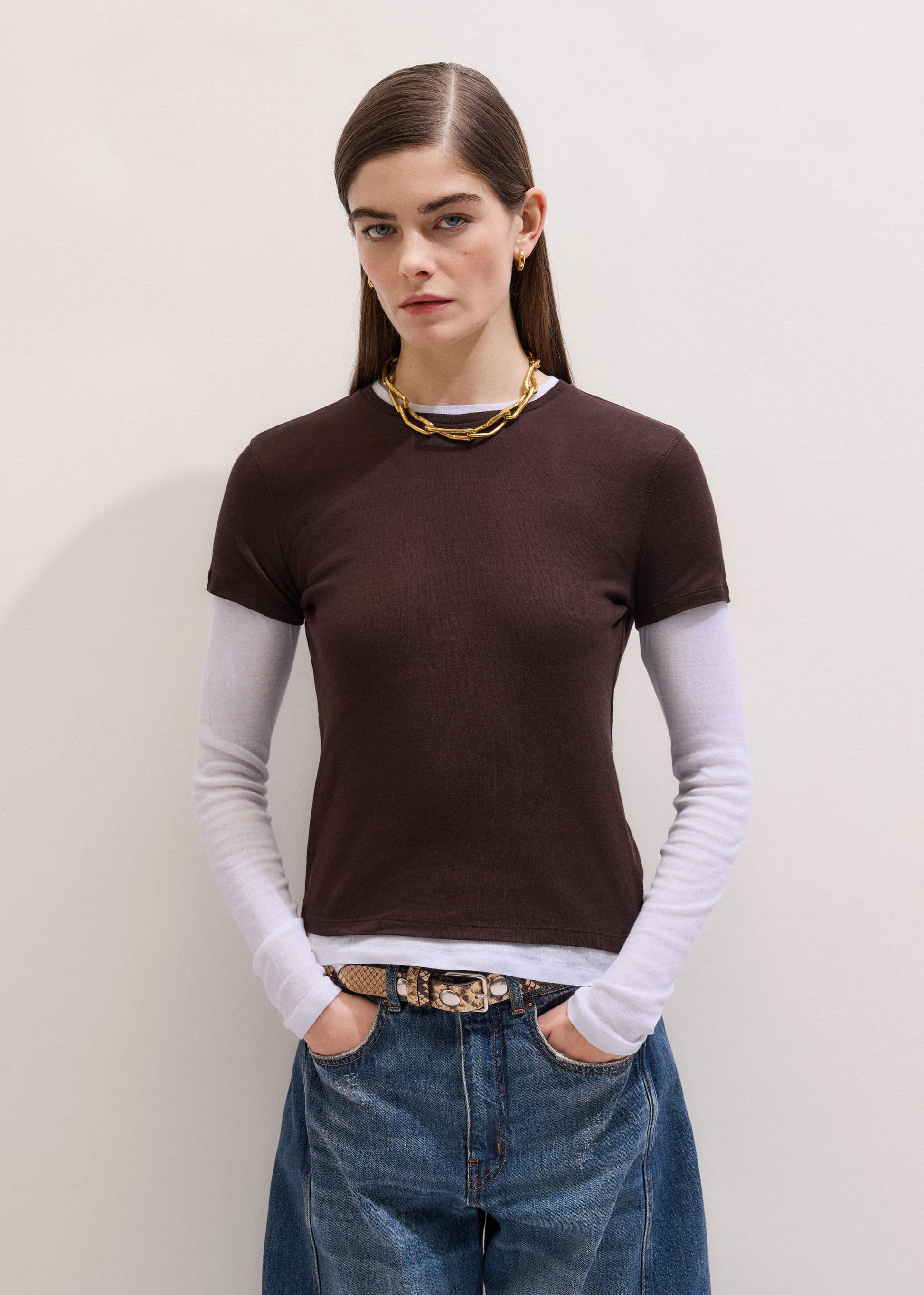 ME and EM Clothing Brown Sheer Double-Layer Look Top